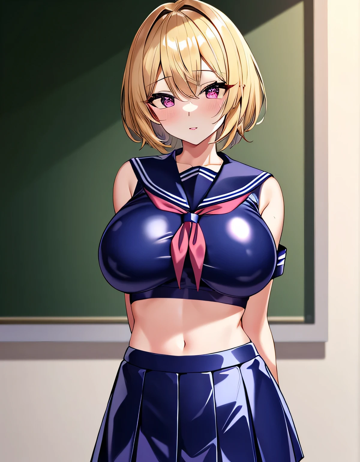 (big breasts:1.5),shiny,hair,((alone)),((masterpiece)),((highest quality)),perfect anatomy,slim waist,perfect image,8K UHD,(beautiful and fine eyes:1.3),highly detailed face,Are standing,(Upper body:1.1),(look ahead:1.1),back arm,super detailed,disorganized,High resolution,blonde hair,pink eyes,classroom,School,bare shoulders,blue pvc costume,(blue pvc serafuku),(blue pvc pleated skirt),oily skin),shiny skin,