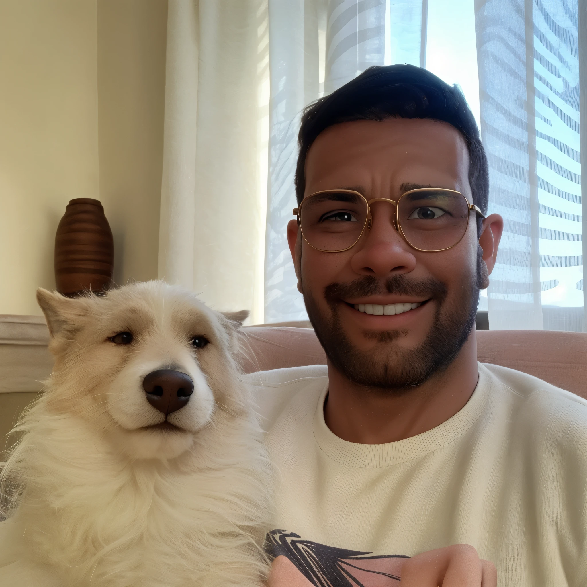 young man with beard and glasses sitting next to his dog