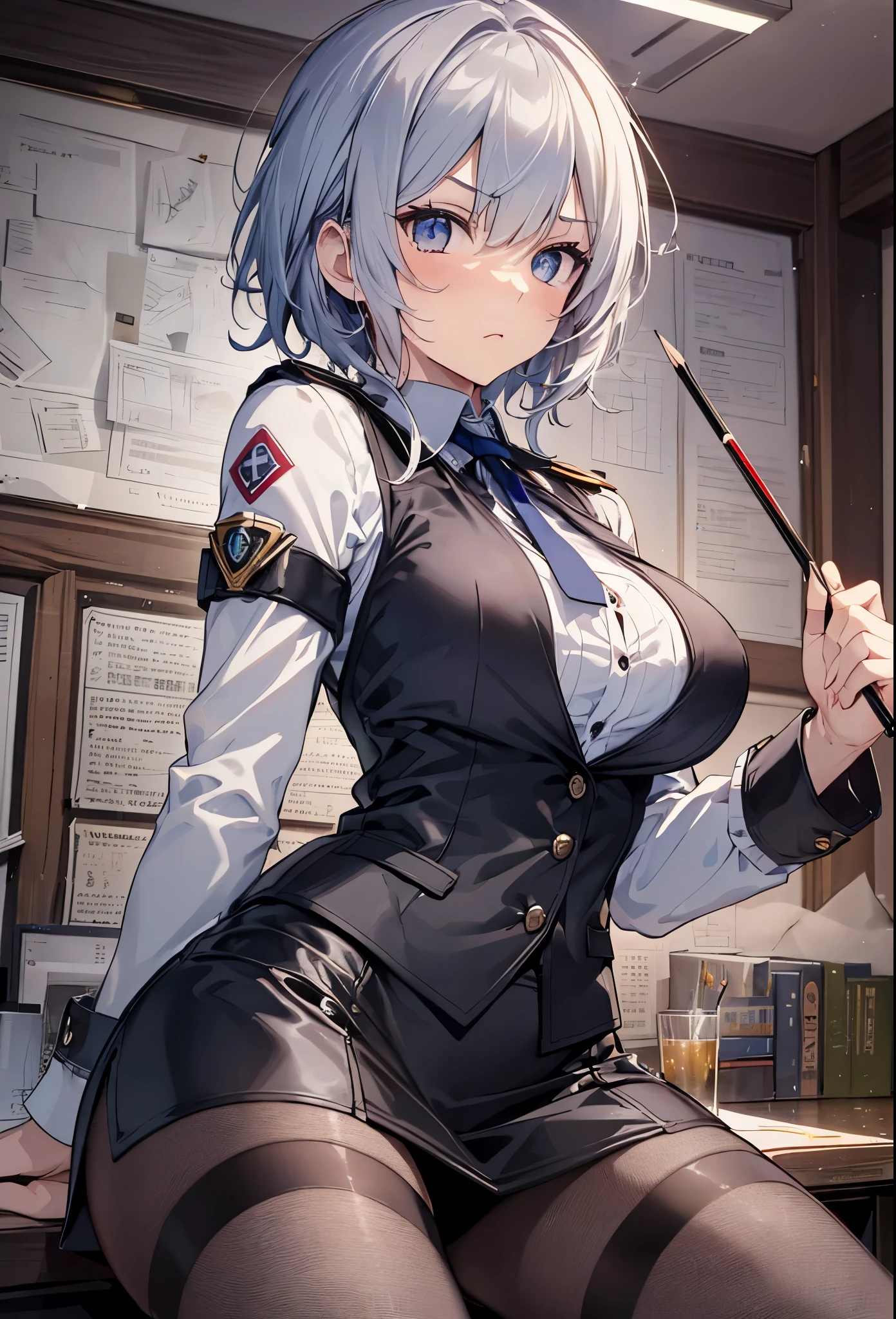 franziska von karma,(black vest),white shirt,puff sleeve,long sleeve,woman,brooch ,neck ribbon, (black pencil skirt), pantyhose,1girl, solo, courtroom, whip,hold on whip, equip a whip ,short hair, grey hair ,((scowl:1.3)), top-quality,Top image quality,perfect anatomy,masterpiece,ultra-detailliert,Beautiful、ultra-quality, best quality,high resolution, ultra-detailed,game cg,dutch angle ,beautiful detailed eyes, visualart,five fingers, perfect hands