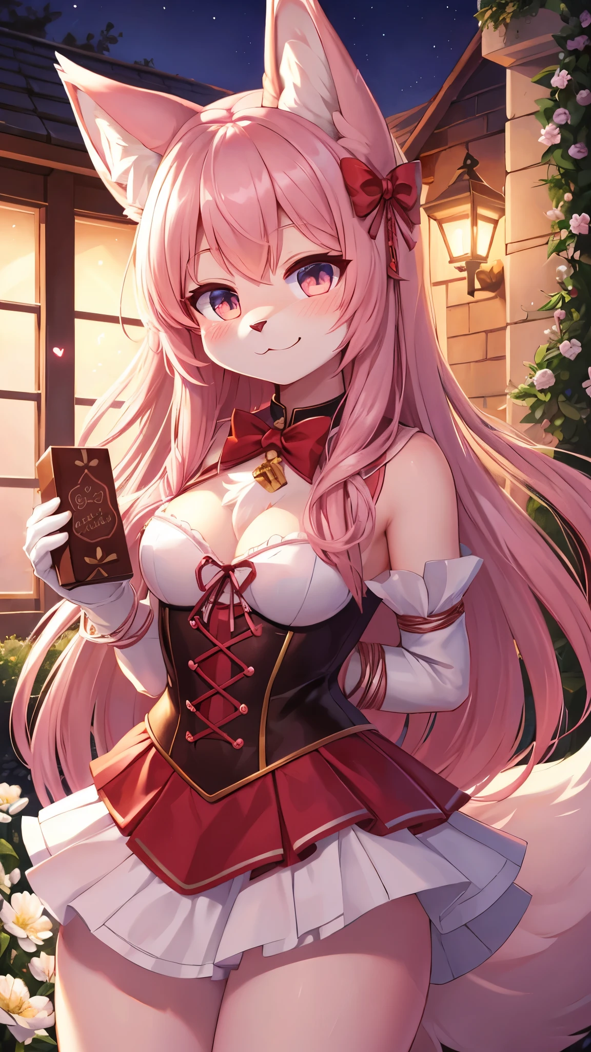 (fluffy anthro furry: 1.6),best quality,best resolution,cat girl,pink long hair,pink fur,cat tail,cat ears,red armor with heart shape gemstone in chest,white mini skirt,red grave,white gloves,ribbon bondage,smile,close eye,lovely face,full face blush,hold chocolate present box,looking at viewer,a lot of heart eyes,night,moonlight,white flower garden