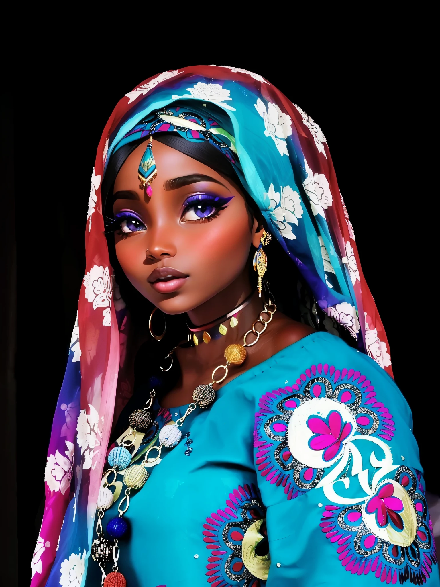 araffe woman in a blue dress with a colorful scarf, african woman, pink eyes, wearing an african dress, gorgeous woman, african, somali woman, traditional beauty, beautiful woman, stunning african princess, african princess, beautiful female, a beautiful woman, gorgeous beautiful woman, traditional clothing, photo of a black woman, african ameera al taweel, stunning woman