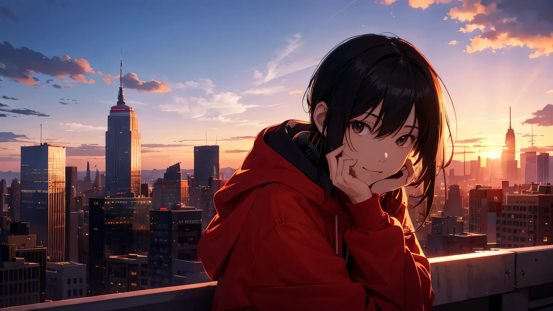 best image quality、Girls in the city、black hair long straight、hoodie、bright red sunset、Listening to music through headphones、NY night town、Makoto Shinkai's Worldview、one person