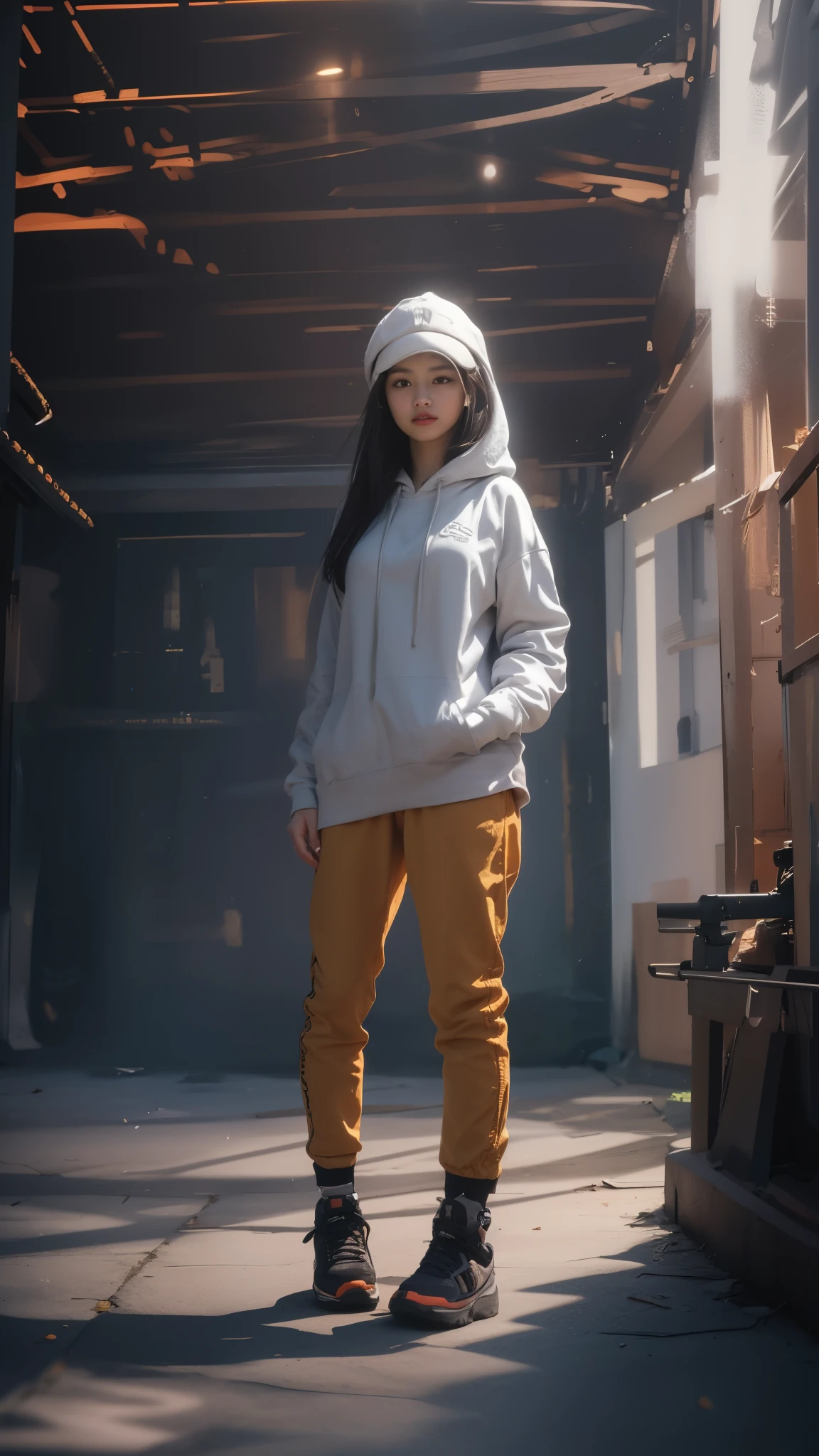 Best quality at best, Top image quality, wallpaper 16k, Raw image, realistic texture masterpiece: 1.9, (((medium long shot))), blur background, image must taken from medium long shot, hyper realistic:5.5, realistic all object texture, (relax pose), relax hand, black gradient white hair, realistic beautiful chinese female, epic dramatic cinematic, Ultra-realistic light, soft lighting, (( perfect female hair masterpiece)), medium long or shorts hair with light black hair, 18-year-old face woman, eye detail masterpiece, pores1.5, realistic skin masterpiece, realistic shadow, slender legs, very slender female physique, yellow jumper hoodie, oversize hoodie, realistic solid cotton wearing masterpiece, realistic solid shoe, 1Girl, tall girl, background 8.5, brunette black hair, Chinese woman, Live the life of Riley, ((long solid cotton trousers)), clear sky:1.3, cyberpunk backpack, sneaker shoe, strong reflection, lighting from side, dramatic side lighting, Background blur, mystical dark japanese steampunk city neon glow light portal: 1.2, light ray realistic masterpiece, warm sun light, warm ray light: 1.2, glow light: 1.2, random light color for the best combination, cinematic grains:1.4, tmasterpiece, masterpiece, ((masterpiece)), (falling glow particle), (taken from below-up perspective shot), image taken from fujifilm xt-3 with Fujinon 50mm lens, appeture f2, shot from below perspective, octan render hyper-realistic power max, Pulitzer Prize for Best Photography, Taylor Wessing Award for Best Photography, Blur the background with a sickle. White smoke foreground and background. Realistic asian female body. Using Photography techniques: Rule of Thirds, Centered Composition and Symmetry, Foreground Interest and Depth, (Frame with the frame), (rule of space), (shot from below), anime tone color, vivid color, vivid glow color masterpiece, reflection:1.5, ultra detail solid trousers, realistic hoodie, super detail of realistic wearing, oval head face, (( strong contrast))