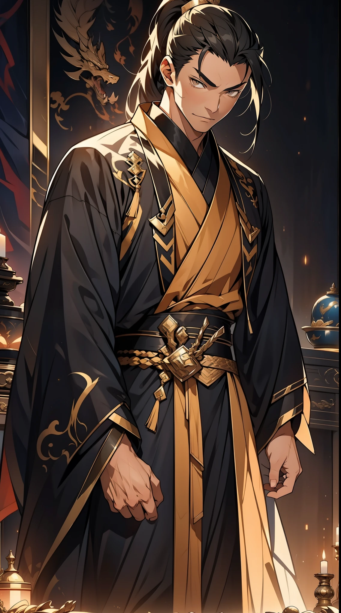 Two dimensions,anime style,one person(male warrior),proportions are correct,facial details,swordsman,high ponytail hairstyle,neck detail,Have an Adam's apple,Black and gold robe,joke,Black and gold robe,clothing details,Hand over,long sleeves,Game quality,fencing,Ray tracing,Ray tracing,Detailed glow,CG rendering,hair details,Long black and blond hair,Black-gold eyes,Handsome,Handsome,(Youthful feeling),Clothing is complicated,Perfect composition,refine,high quality,higher details,many details,Complex background,a sense of atmosphere,