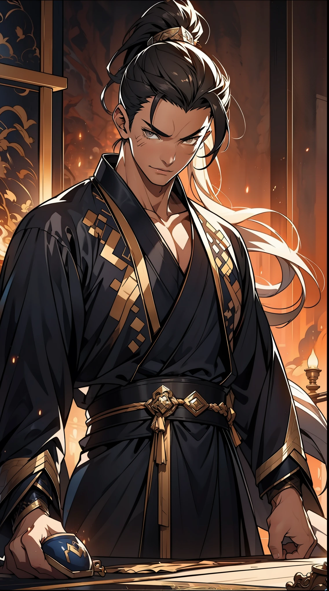 Two dimensions,anime style,one person(male warrior),proportions are correct,facial details,swordsman,high ponytail hairstyle,neck detail,Have an Adam's apple,Black and gold robe,joke,Black and gold robe,clothing details,Hand over,long sleeves,Game quality,fencing,Ray tracing,Ray tracing,Detailed glow,CG rendering,hair details,Long black and blond hair,Black-gold eyes,Handsome,Handsome,(Youthful feeling),Clothing is complicated,Perfect composition,refine,high quality,higher details,many details,Complex background,a sense of atmosphere,