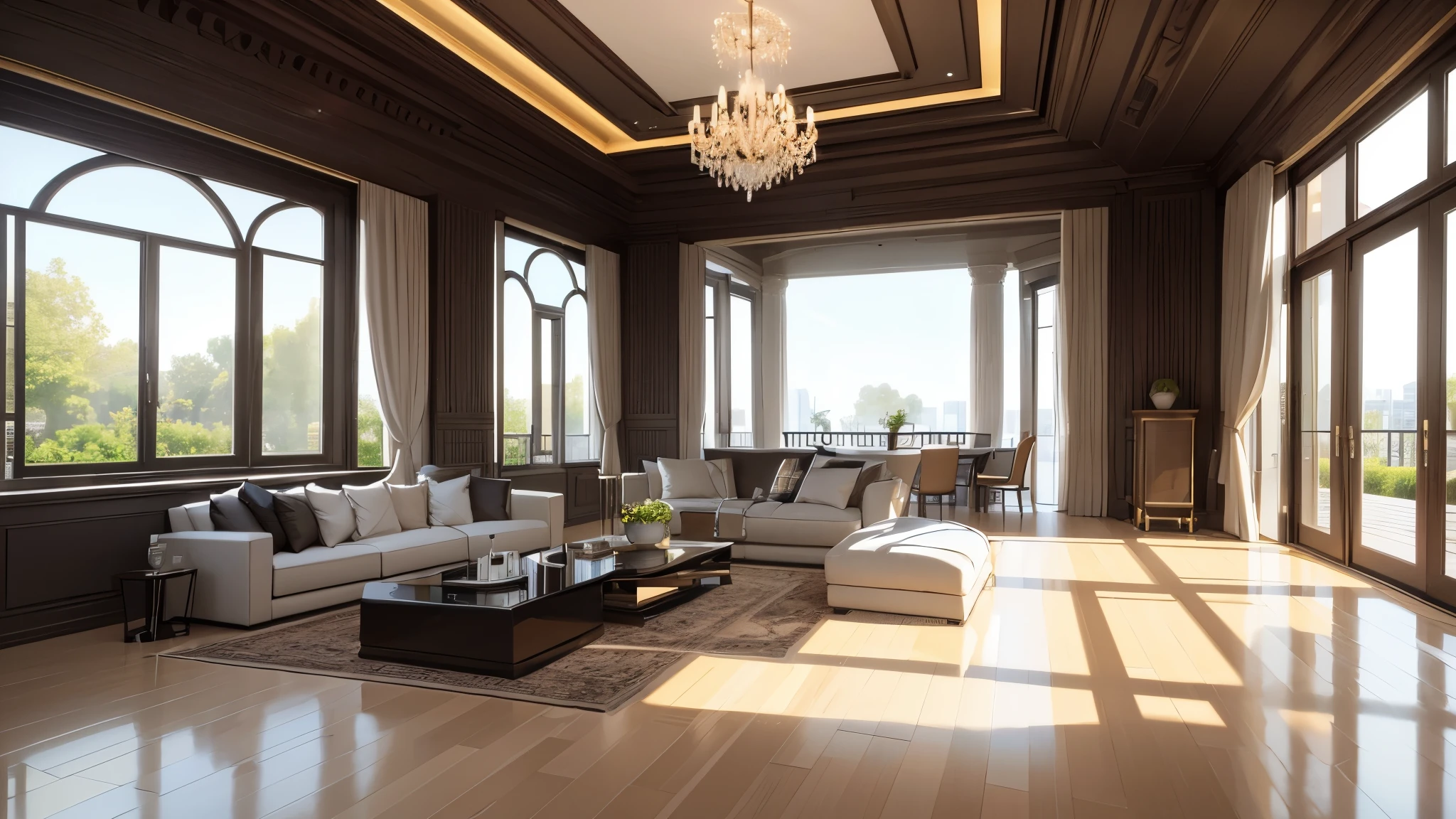 You are a famous interior designer、You have been asked to create a 3D image of a modern large room. Create a harmonious environment with modern and minimalist furniture. Including garden interior.