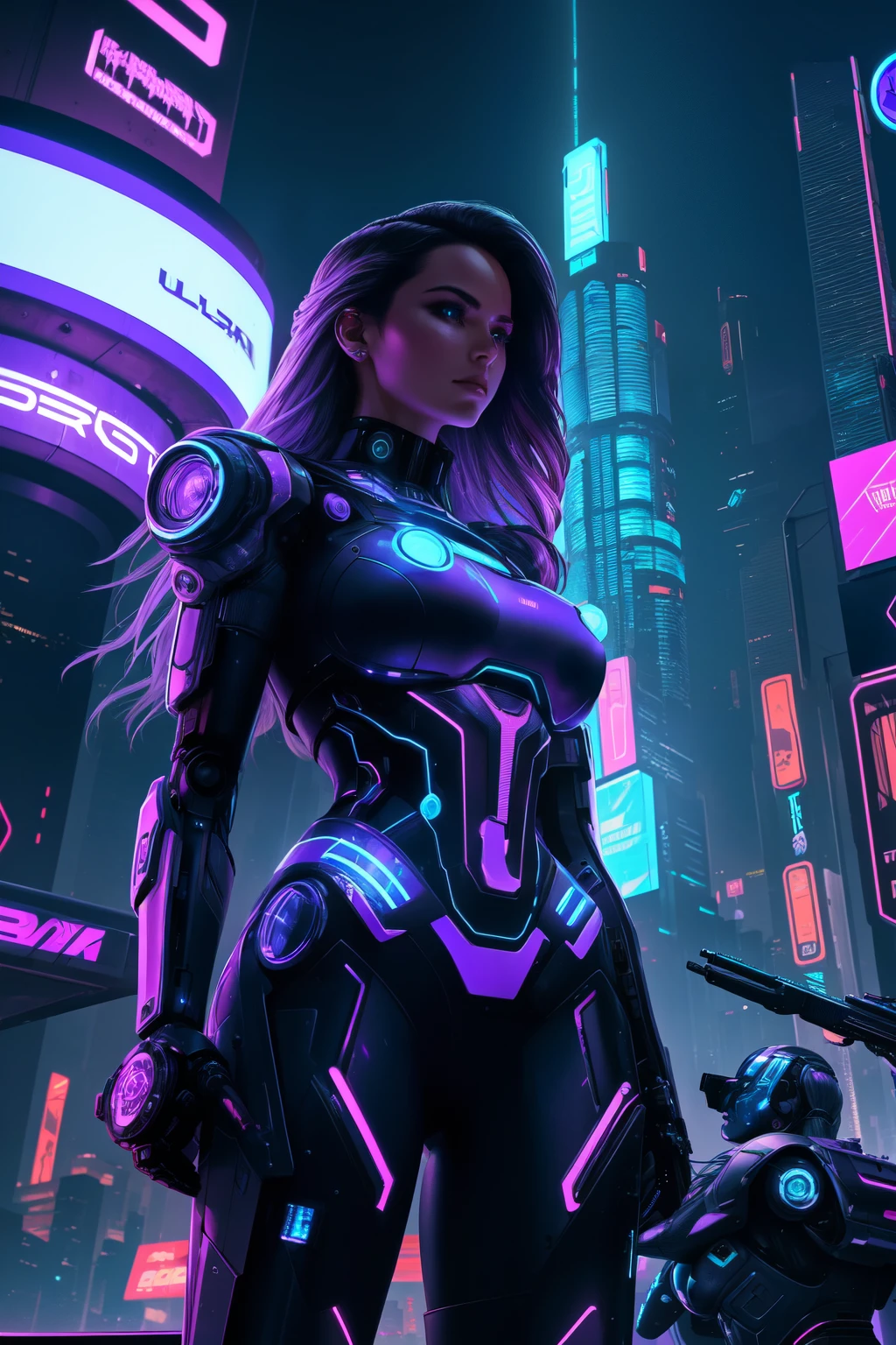 (highres:1.2), a 22-year-old woman with a machine gun in her hands wearing a white bikini, confronts a robotic machine in a cyberpunk setting. Her eyes gaze directly at the menacing robot as she confidently takes aim. She stands against a backdrop of neon-lit skyscrapers, reflecting the futuristic cityscape. The woman's flowing hair dances in the wind, adding a sense of dynamism to the scene. The cyberpunk atmosphere is enhanced by the presence of augmented reality holographic displays projecting data streams and digital information in the air. The woman's bikini glistens under the neon lights, contrasting with the dark and gritty aesthetic of the surroundings. Striking purple and blue hues domina color palette. The scene is illuminated by dramatic and moody lighting, casting shadows that intensify the tension between the woman and the robot. The overall image is of ultra-detailed realism, capturing the intricacies of the woman's facial features and the robotic machine with precision.