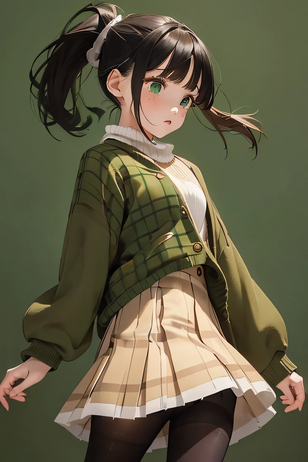 1girl, ((girl)) 、1 person、small face,20-year-old、 (tears) 、(cry)、white coat、(Beige sweater)、((plaid pleated skirt)) 、((black pantyhose:1.5)) 、Brown snow boots, (princess cut), (bob cut)、(medium hair)、(ponytail:1.5) 、reddish brown hair 、sad expression、 ((green background:1.5)) 、bow your head and run away、