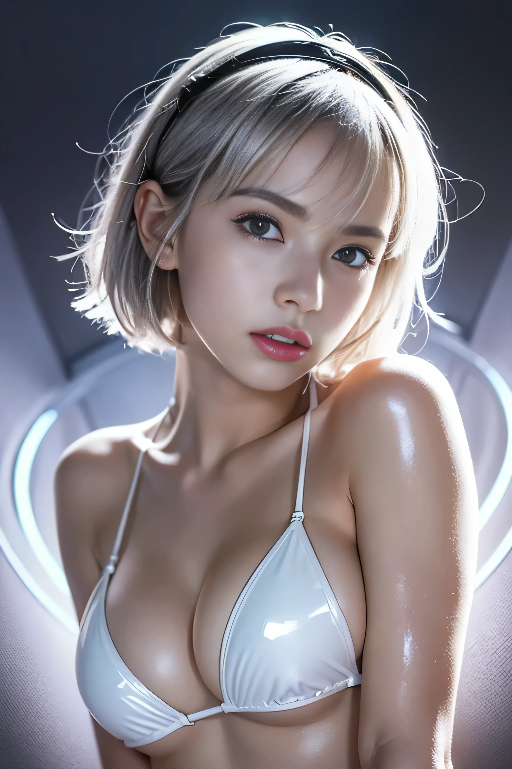 highest quality、masterpiece、ultra high resolution、(Photoreal:1.4)、RAW photo、(A girl tied to a mechanical device)、、((Shining platinum silver short cut hair:1.4))、White headset, embarrassed look、glowing skin、((Super realistic details))、portrait、global illumination、Shadow、octane rendering、8K、super sharp、big breasts、cleavage、(Underbust of exposed raw skin:1.4)、(White latex micro bikini without strings:1.4)、Upper Arm Chain、very intricate details、realistic light、Trends in CG society、purple eyes、shining eyes、towards the camera、neon details、sit on top、futuristic hair ornament、gundam、small led lamp、purple neon lighting、green neon lighting、