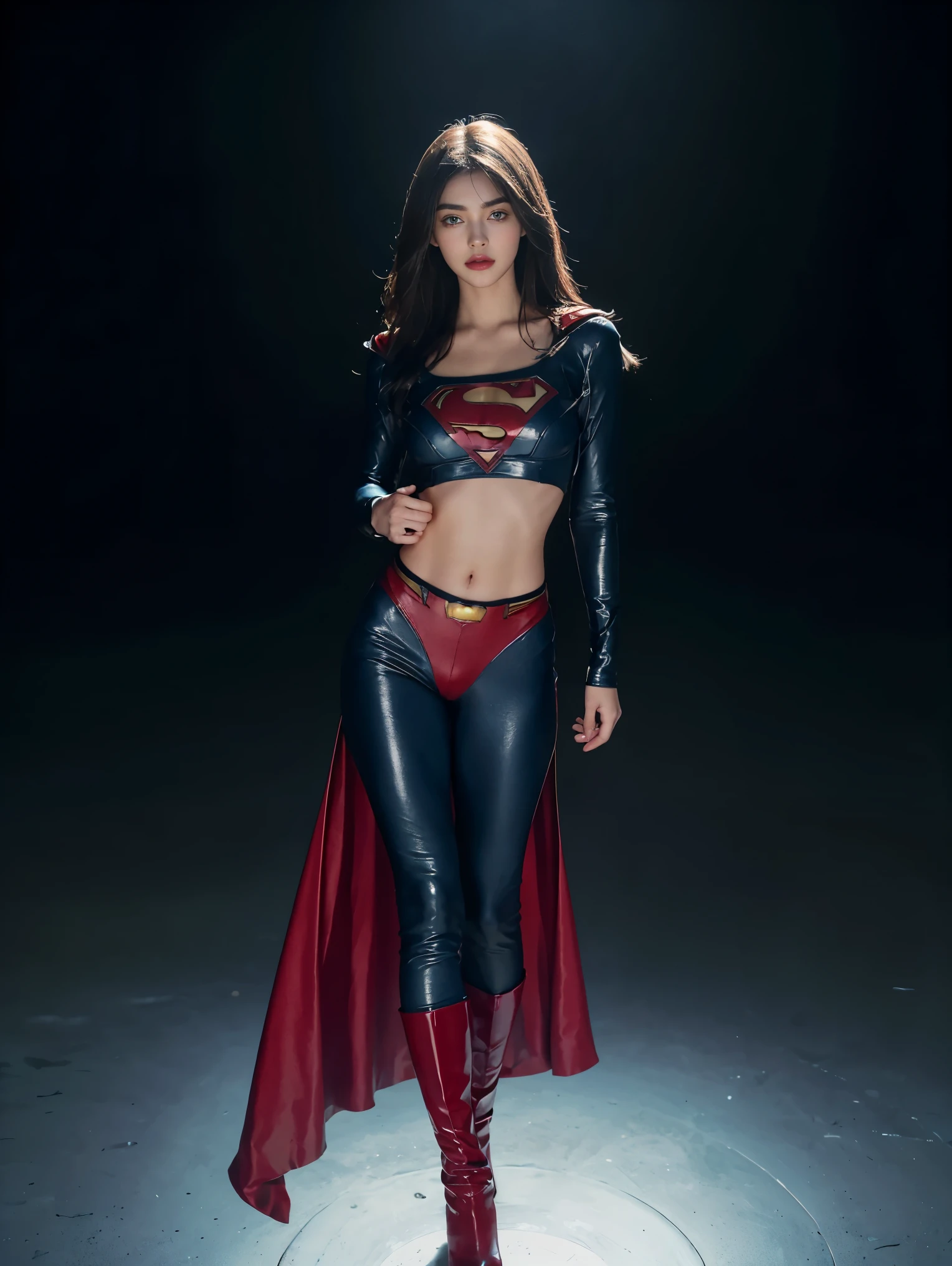 superman, superman outfit, schwarzes Haar, Madison Beer, Nicola Cavanis, superman outfit, standing, 8K, Top quality, Komplizierte Details, Ultra-Details, ultra high resolution, Meisterwerk, Nahaufnahme, (full entire body: 1.1), Schlank, smil, (Schminke: 0.4), (Flauschige blaue Augen: 1.21), blue Eye, full body)), 1girls, nur, 1 girl, full entire body, ((full entire body)), Nahaufnahme, , ((hoch)), (((fit body))), (((Schlankes Gesicht))), Scharfes Gesicht, Scharfes, augenloses Haar, Lange Haare)) , (detailliertes Gesicht), Scharfes Gesicht, kleine Lippen, detailliertes Gesicht, Detaillierte Brust, , large chest, detail, , Beautiful girl with accentuated slender abs: 1.4, Sixpack Bauchmuskeln: 1.4, Bust Botox, big, Perfect Body, Detail Bein,