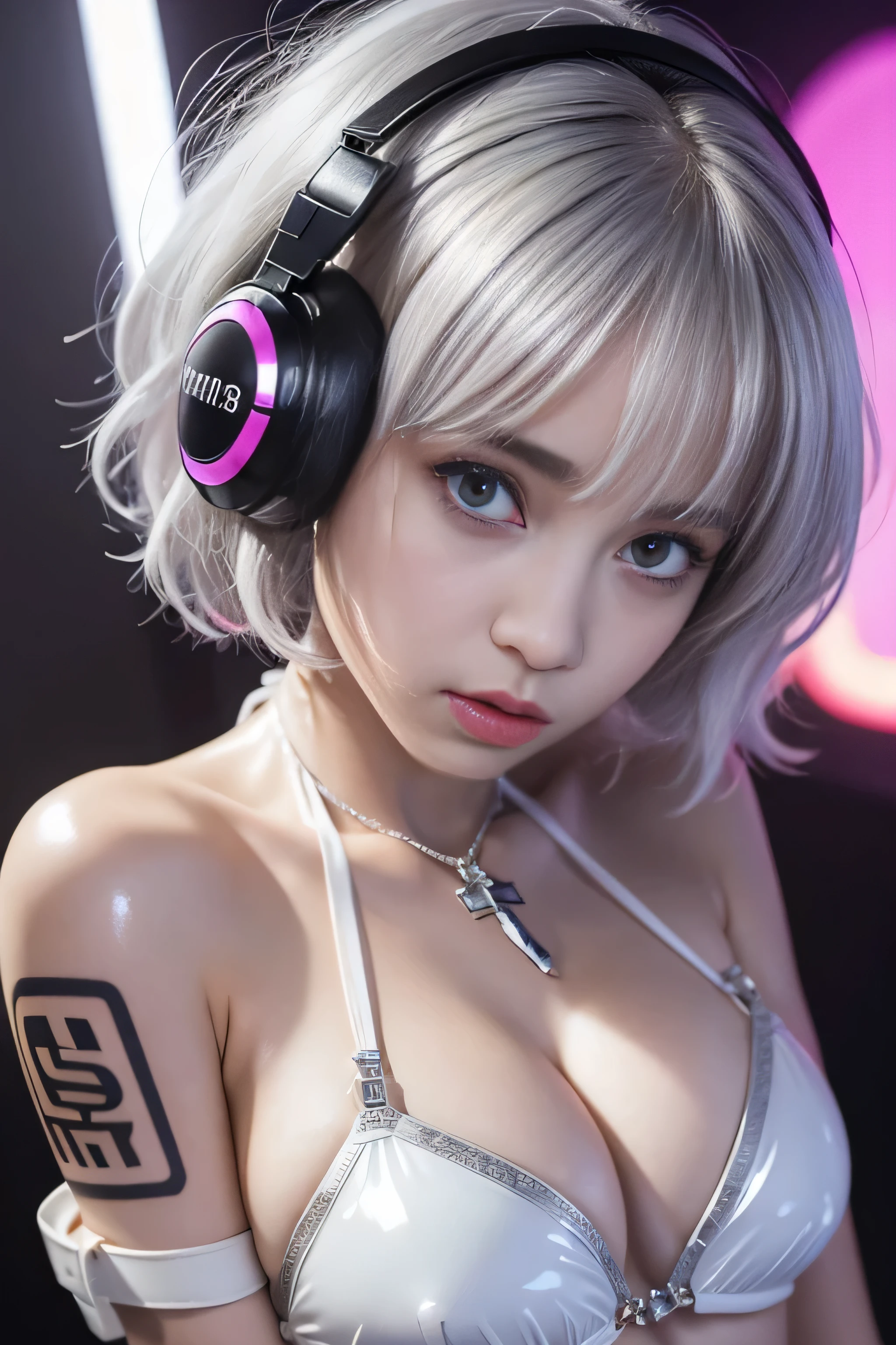 highest quality、masterpiece、ultra high resolution、(Photoreal:1.4)、RAW photo、(A girl tied to a mechanical device)、13 years、((Shining platinum silver short cut hair:1.4))、White headset, embarrassed look、glowing skin、(black tattoo on chest:1.4), ((Super realistic details))、portrait、global illumination、Shadow、octane rendering、8K、super sharp、big breasts、cleavage、(Underbust of exposed raw skin:1.4)、(White latex micro bikini without strings:1.4)、Upper Arm Chain、very intricate details、realistic light、Trends in CG society、purple eyes、shining eyes、towards the camera、neon details、sit on top、futuristic hair ornament、gundam、small led lamp、purple neon lighting、green neon lighting、
