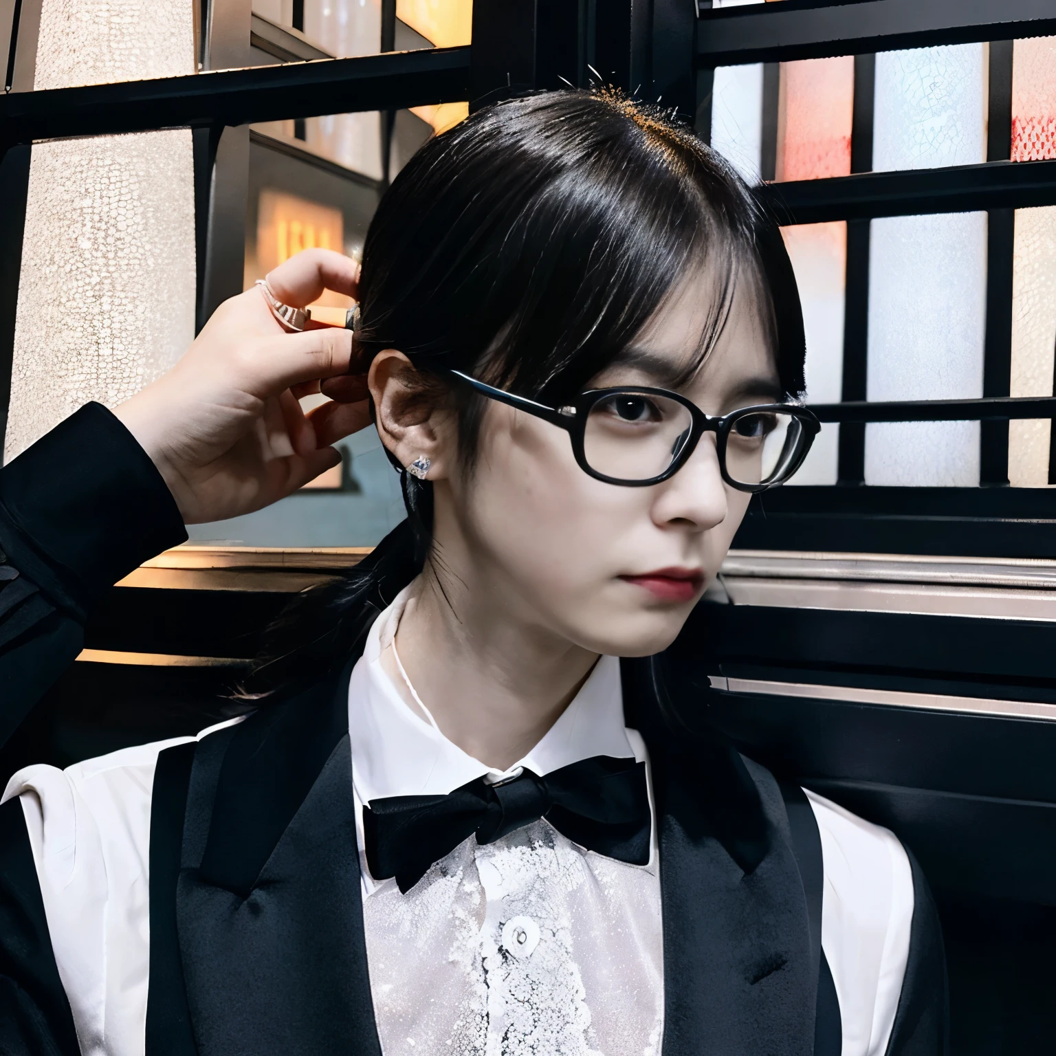 Decim (Death Parade), 1 man, 35-year-old,(black bristle), man wearing glasses, closeup face, profile picture,dresses in a formal and restrained style, a black jacket,white shirt, a professional look,white-ash hair, silver color, tired look,A&N