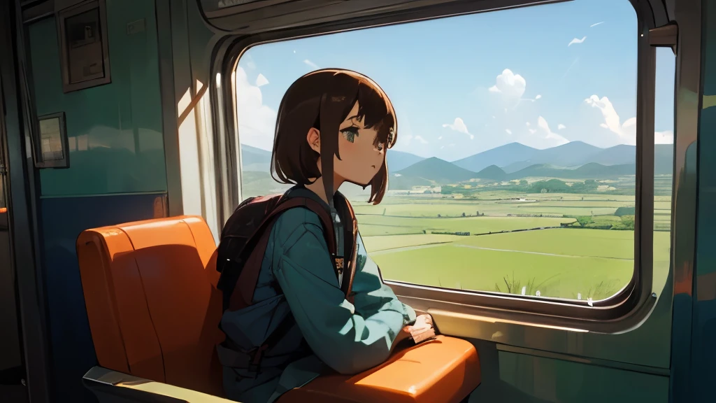 Draw a girl with brown hair and green eyes, wearing a denim jacket and a backpack, sitting on a train seat, with a guitar by her side. She is looking out the window, where she can see a rural landscape, with fields, trees and mountains. She has an expression of curiosity and expectation