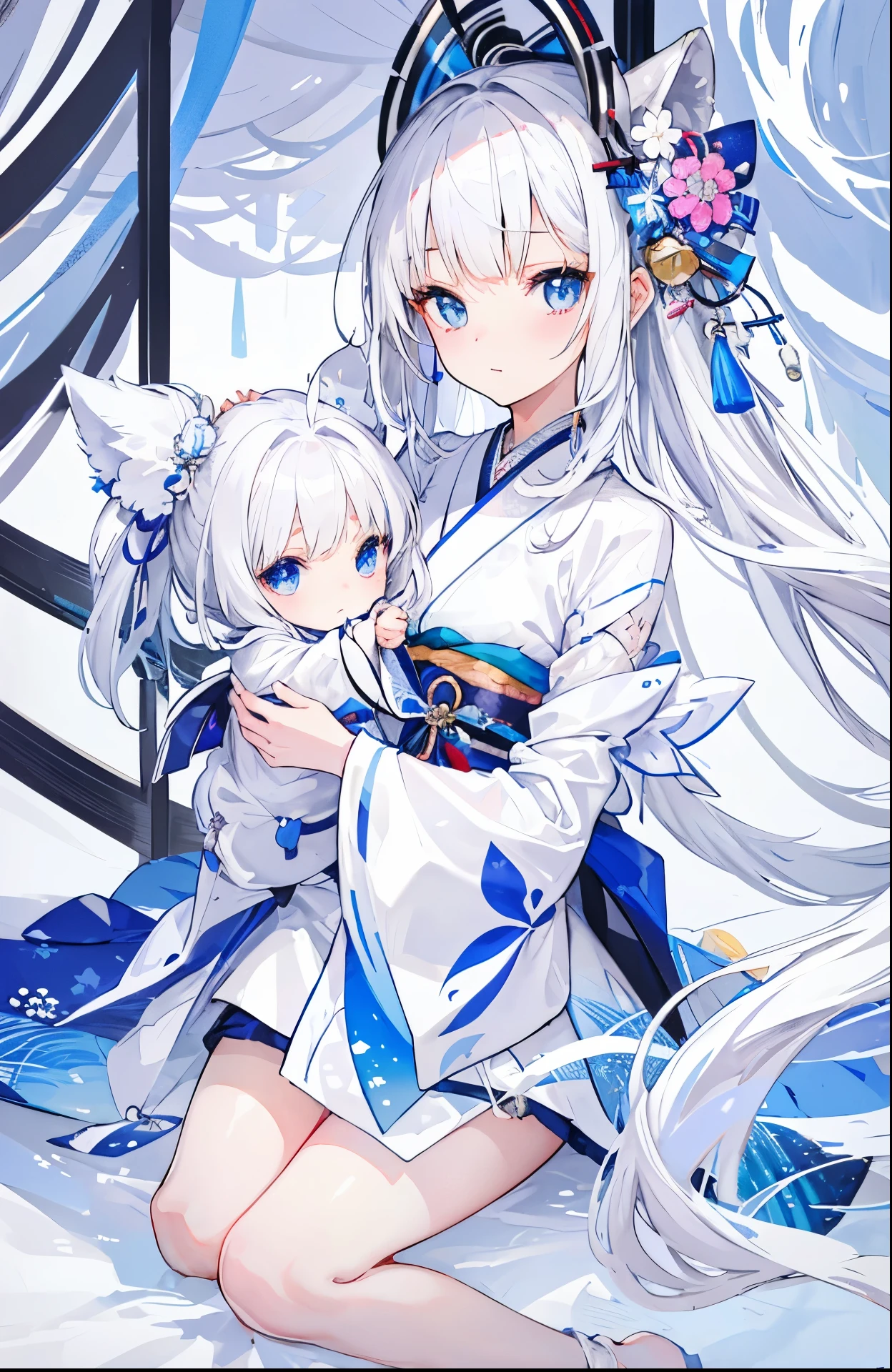 Silver-white hair,pupil,very stunning,Petite and cute little sweet girl,White blue Japanese kimono soft and waxy texture,Super cute
