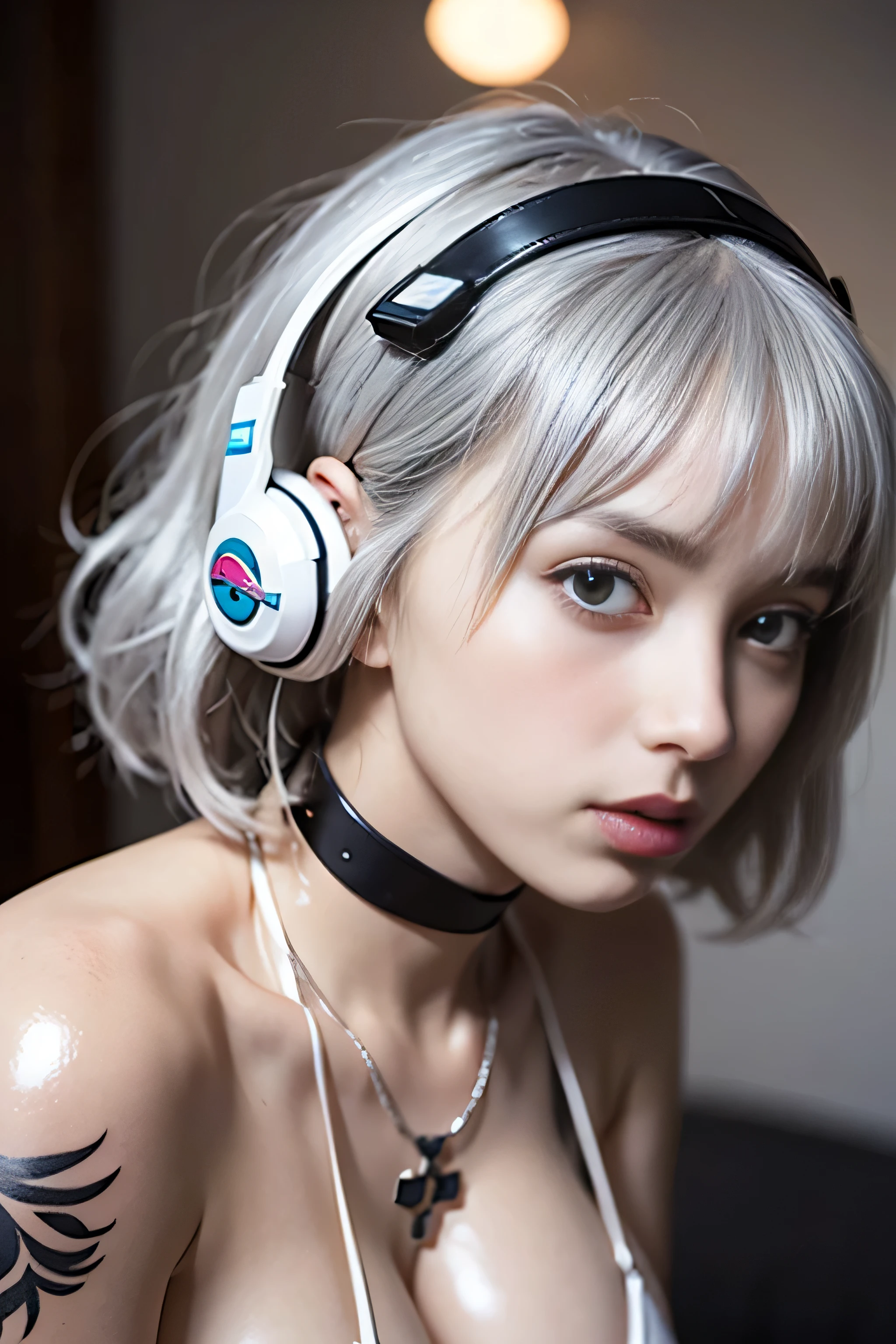 highest quality、masterpiece、ultra high resolution、(Photoreal:1.4)、RAW photo、(A girl tied to a mechanical device)、、((Shining platinum silver short cut hair:1.4))、White headset, embarrassed look、glowing skin、(black tattoo on chest:1.4), ((Super realistic details))、portrait、global illumination、Shadow、octane rendering、8K、super sharp、big breasts、cleavage、(Underbust of exposed raw skin:1.4)、(White latex micro bikini without strings:1.4)、Upper Arm Chain、very intricate details、realistic light、Trends in CG society、purple eyes、shining eyes、towards the camera、neon details、sit on top、futuristic hair ornament、gundam、small led lamp、purple neon lighting、green neon lighting、