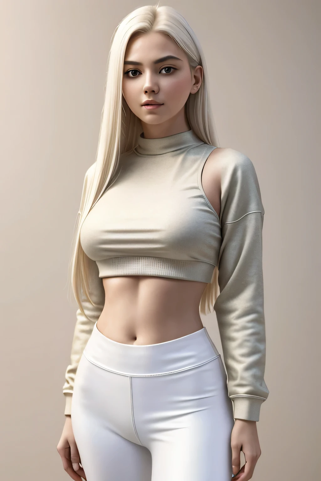 1 girl in, 19, One, Aesthetic work of art, Platinum Blonde Hair, Long straight hair, detailed hair, full breasts with cups, C-cup, slender body, whole body, Detailed leather texture, side profile, crop top sweatshirt, white crop top, black leggings, drag, булыжная drag, (extremely detailed 8k wallpaper), soft lighting, High quality, detailing, Fujifilm XT3 sharp focus, same 5.6, 50 mm, high detail, Sharp Focus,(natural light), (seductive), Realistic, ultra realistic, photo realistic