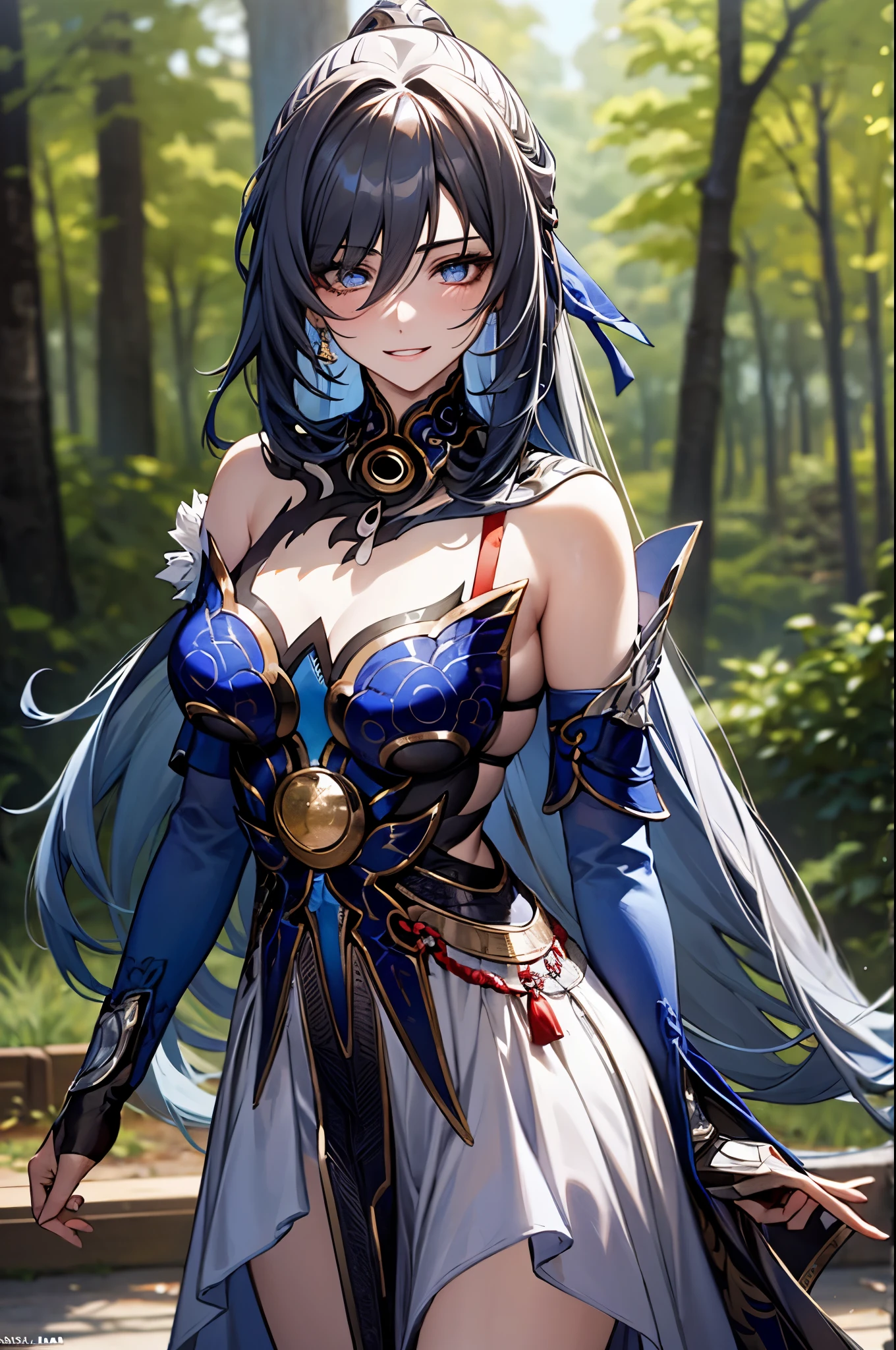masterpiece, best quality, ultra high resolution, ultra detailed, adult woman, height 170 cm, mature, age around 20 years old, black hair, long hair with curled ends, sapphire blue eyes, above average breasts, wide hips , 1 woman, alone, Takeda hiromitsu style, smiling, happy smile, wearing a formal black dress, black dress highly detailed in gold, beautiful, forest, tree, ultra excited expression, medium height, noble