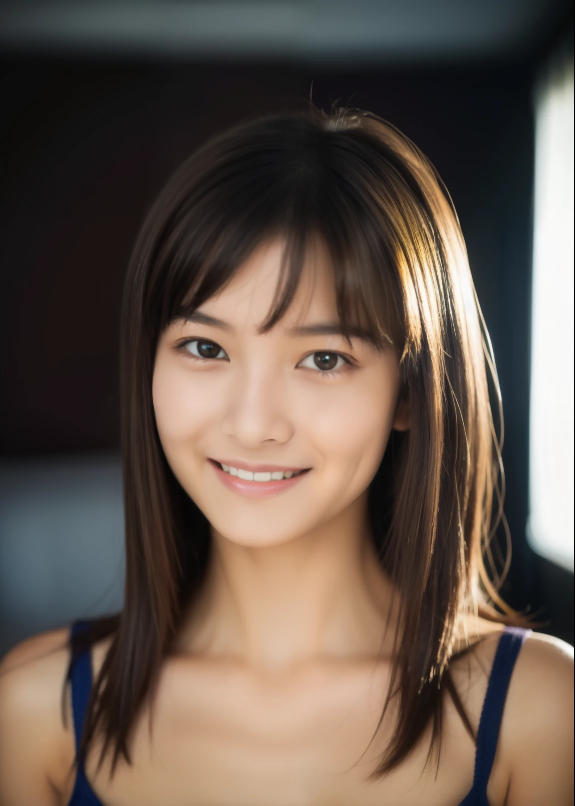 Beautiful 14 years old woman。she is wearing a camisole。She looks ecstatic as if she had an orgasm during sex..。her dark brown hair、、her hair is long。High resolution、masterpiece、highest quality、Head w:1.0、((Hasselblad Photos))、fine skin、fine knit、(movie lighting)、clavicle . she is smiling.