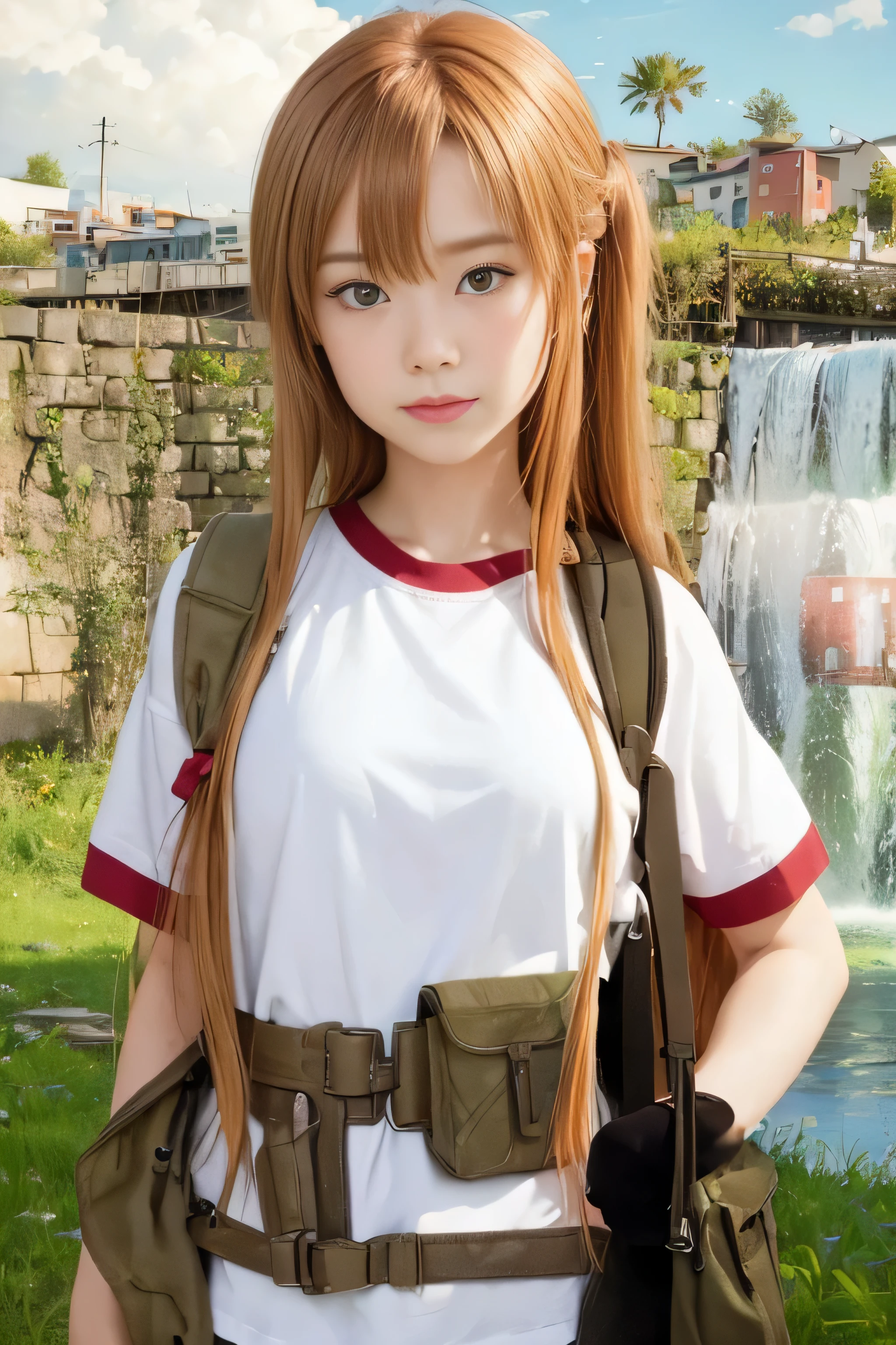 masterpiece, best quality, (realistic,photo-realistic:1.4), (RAW photo:1.2), extremely detailed CG unity 8k wallpaper, delicate and beautiful, amazing,finely detail, official art, absurdres, incredibly absurdres, huge filesize, ultra-detailed,extremely detailed eyes and face,light on face,(little smile),asuna yuuki,(caramel hair:1.4),(long hair:1.6),(wearing white t-shirt:1.4),(outdoor background:1.4),river,grass field,(wearing medic bags:1.5)