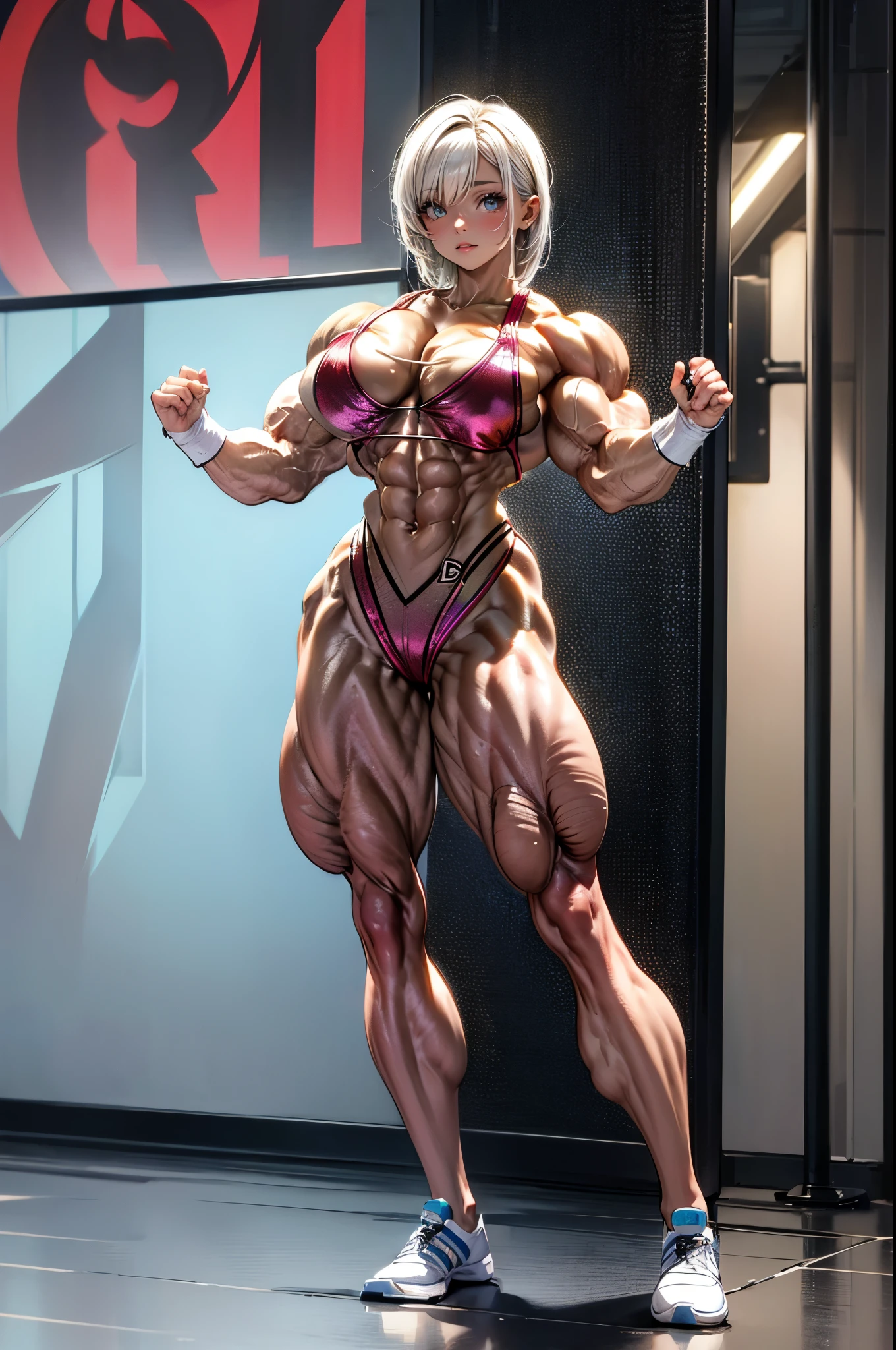 (best lighting) , (Extremely complex and detailed) , 4K unified, (Super detailed CG: 1.2) , (8k: 1.2),(The original), (masterpiece) , (best quality),(masterpiece:1.4),Anime-like high quality,(masterpiece),masterpiece, Super clear picture quality,clearer than,(delicate face)best quality, absurd,((peace master, 4K, 8k, Yes, high resolution))1个girl, female student,,(beautiful bass),((bodybuilder:1.5))(girl),(miss),(((whole body:1)))whole body,In the market,sports shoes,Reflective, hydrated muscles,Muscle stringy,Fair and hydrated skin,Powerful muscle separation,Muscle layering,Muscles like mountain peaks bulge high,High muscle peak,High resolution,No body fat。Sweating profusely,The lights are dim。Super hip,thick legs thick arms