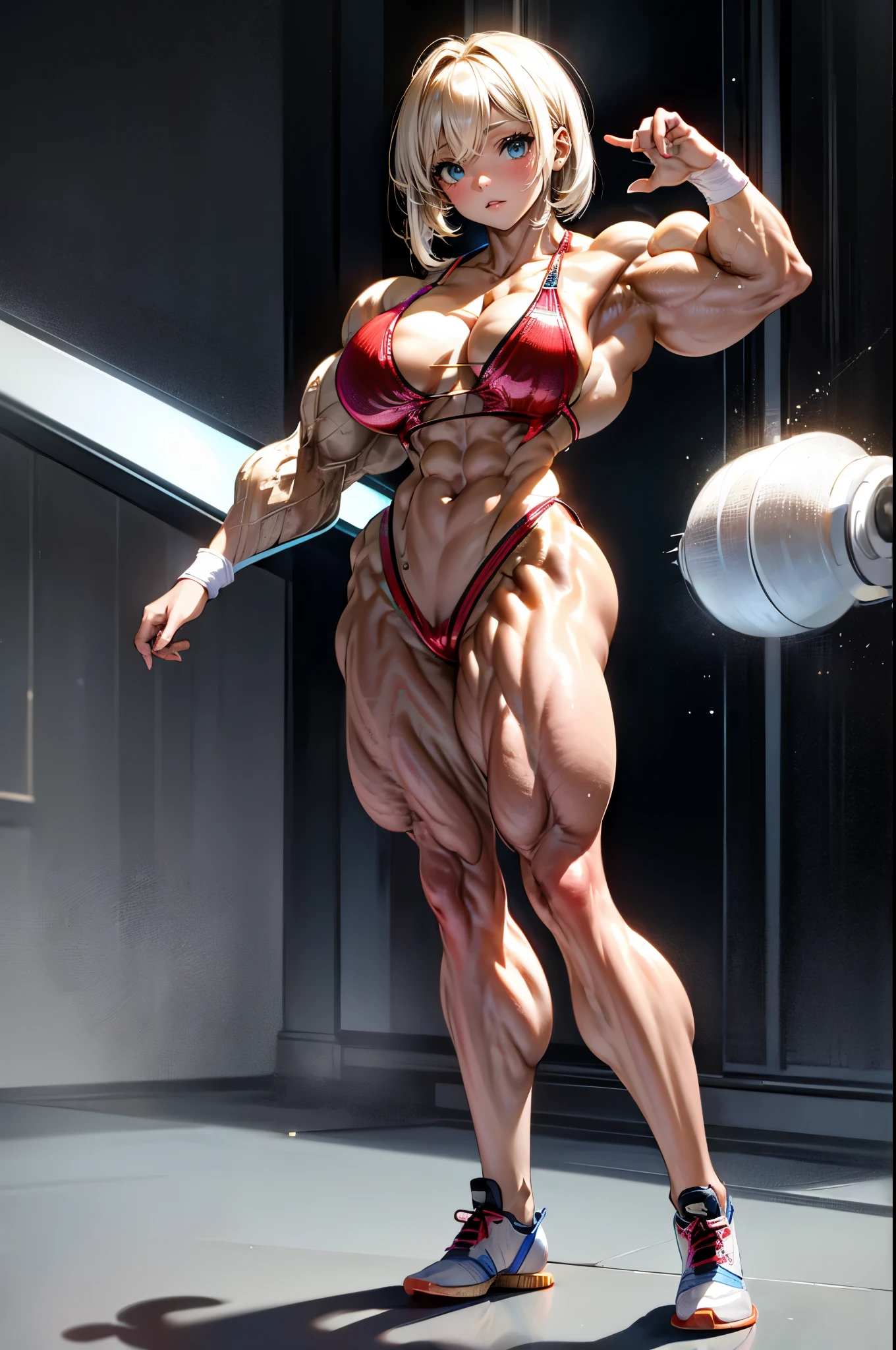 (best lighting) , (Extremely complex and detailed) , 4K unified, (Super detailed CG: 1.2) , (8k: 1.2),(The original), (masterpiece) , (best quality),(masterpiece:1.4),Anime-like high quality,(masterpiece),masterpiece, Super clear picture quality,clearer than,(delicate face)best quality, absurd,((peace master, 4K, 8k, Yes, high resolution))1个girl, female student,,(beautiful bass),((bodybuilder:1.5))(girl),(miss),(((whole body:1)))whole body,In the market,sports shoes,Reflective, hydrated muscles,Muscle stringy,Fair and hydrated skin,Powerful muscle separation,Muscle layering,Muscles like mountain peaks bulge high,High muscle peak,High resolution,No body fat。Sweating profusely,The lights are dim。Super hip,thick legs thick arms