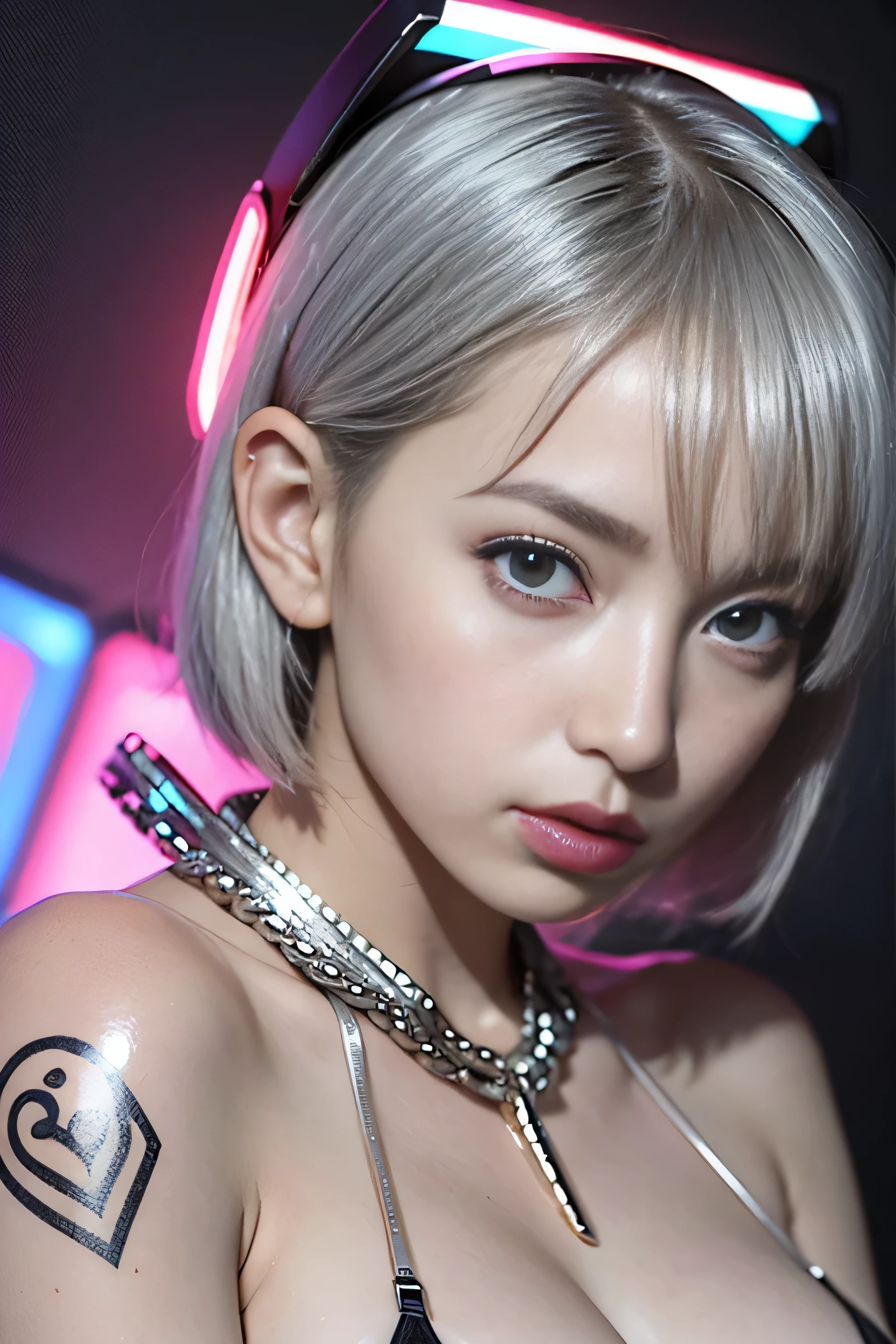 highest quality、masterpiece、ultra high resolution、(Photoreal:1.4)、Raw photo、(A girl tied to a mechanical device)、、((Shining platinum silver short cut hair:1.4))、White headset, embarrassed look、glowing skin、(black tattoo on chest:1.4), ((Super realistic details))、portrait、global illumination、Shadow、octane rendering、8K、super sharp、big breasts、cleavage、(Completely naked:1.4)、(hard erect nipples:1.4)、(nipples facing upwards:1.4)、very intricate details、realistic light、Trends in CG society、purple eyes、shining eyes、towards the camera、neon details、sit on top、futuristic hair ornament、gundam、small led lamp、purple neon lighting、Green neon lighting、