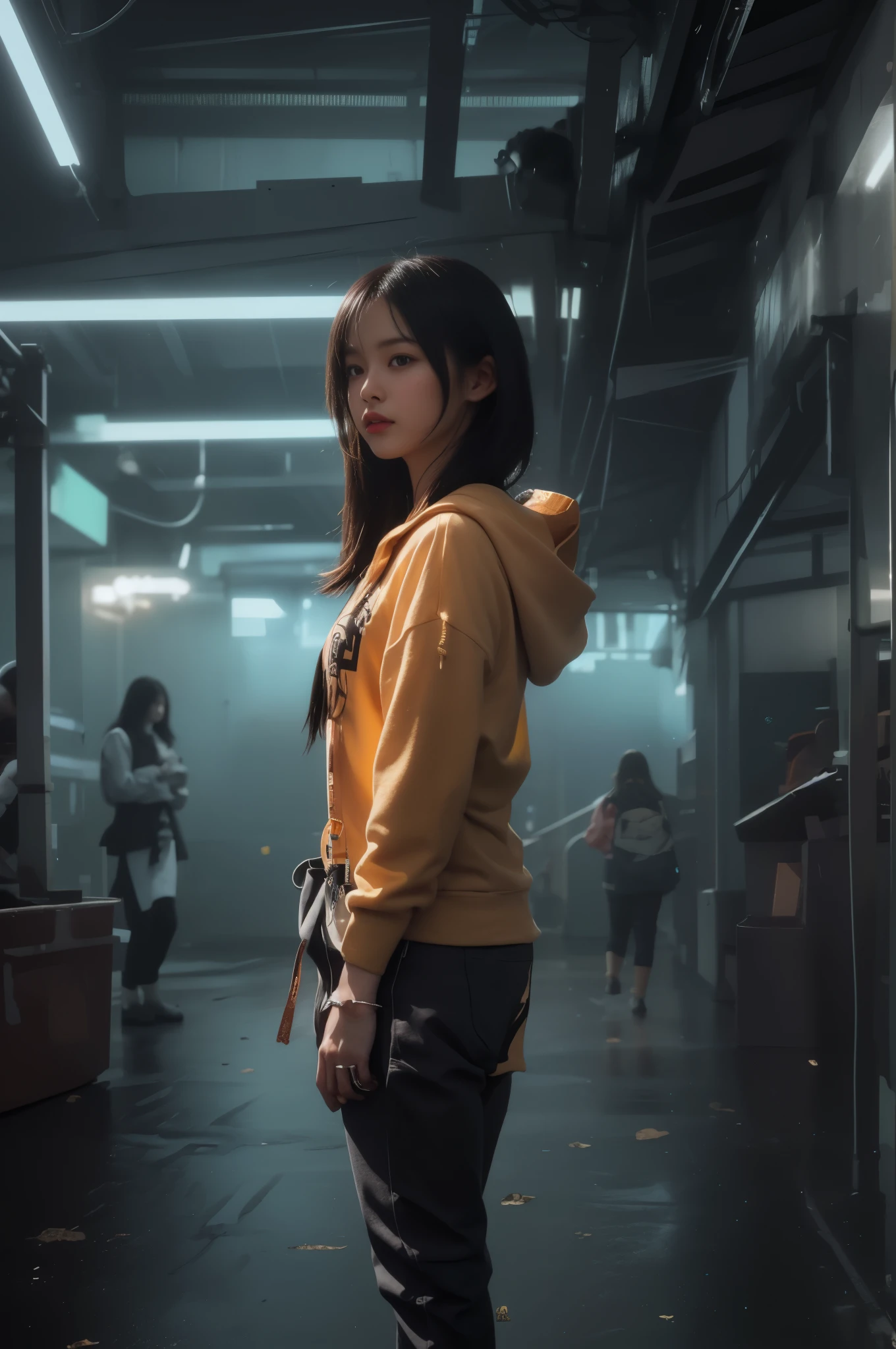Best quality at best, Top image quality, wallpaper 16k, Raw image, realistic texture masterpiece: 1.9, (((medium long shot))), blur background, image must taken from medium long shot, hyper realistic:5.5, realistic all object texture, (relax pose), relax hand, black gradient white hair, realistic beautiful chinese female, epic dramatic cinematic, Ultra-realistic light, soft lighting, (( perfect female hair masterpiece)), medium long or shorts hair with light black hair, 18-year-old face woman, eye detail masterpiece, pores1.5, realistic skin masterpiece, realistic shadow, slender legs, very slender female physique, yellow jumper hoodie, oversize hoodie, realistic solid cotton wearing masterpiece, realistic solid shoe, 1Girl, tall girl, background 8.5, brunette black hair, Chinese woman, Live the life of Riley, ((long solid cotton trousers)), clear sky:1.3, cyberpunk backpack, sneaker shoe, strong reflection, lighting from side, dramatic side lighting, Background blur, mystical dark japanese steampunk city neon glow light portal: 1.2, light ray realistic masterpiece, warm sun light, warm ray light: 1.2, glow light: 1.2, random light color for the best combination, cinematic grains:1.4, tmasterpiece, masterpiece, ((masterpiece)), (falling glow particle), (taken from below-up perspective shot), image taken from fujifilm xt-3 with Fujinon 50mm lens, appeture f2, shot from below perspective, octan render hyper-realistic power max, Pulitzer Prize for Best Photography, Taylor Wessing Award for Best Photography, Blur the background with a sickle. White smoke foreground and background. Realistic asian female body. Using Photography techniques: Rule of Thirds, Centered Composition and Symmetry, Foreground Interest and Depth, (Frame with the frame), (rule of space), (shot from below), anime tone color, vivid color, vivid glow color masterpiece, reflection:1.5, ultra detail solid trousers, realistic hoodie, super detail of realistic wearing, oval head face, (( strong contrast))