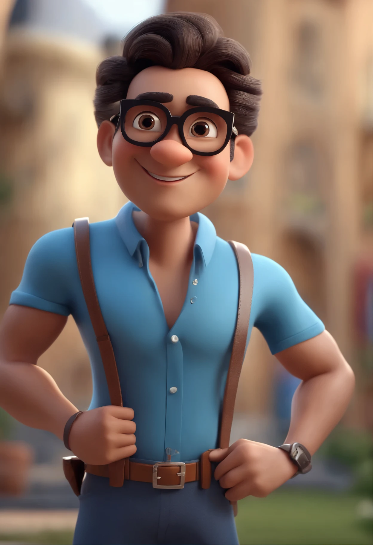 Cartoon character of a man with black glasses and a blue shirt, animation character, Caractere estilizado, animation style rendering, 3D estilizado, Arnold Maya render, 3d stylized rendering, toon rendering keyshot, Personagem 3D, Personagem 3D, Stylized 3D rendering, 3D character rendering, personagem de desenho animado, Personagem de close up, Pose de personagem, (Estilo Pixar) (master piece:1.2) (Bokeh) (better quality) (pele detalhada) (textura detalhada) (8k) (argila) (Cinematic lighting) (sharp focus
