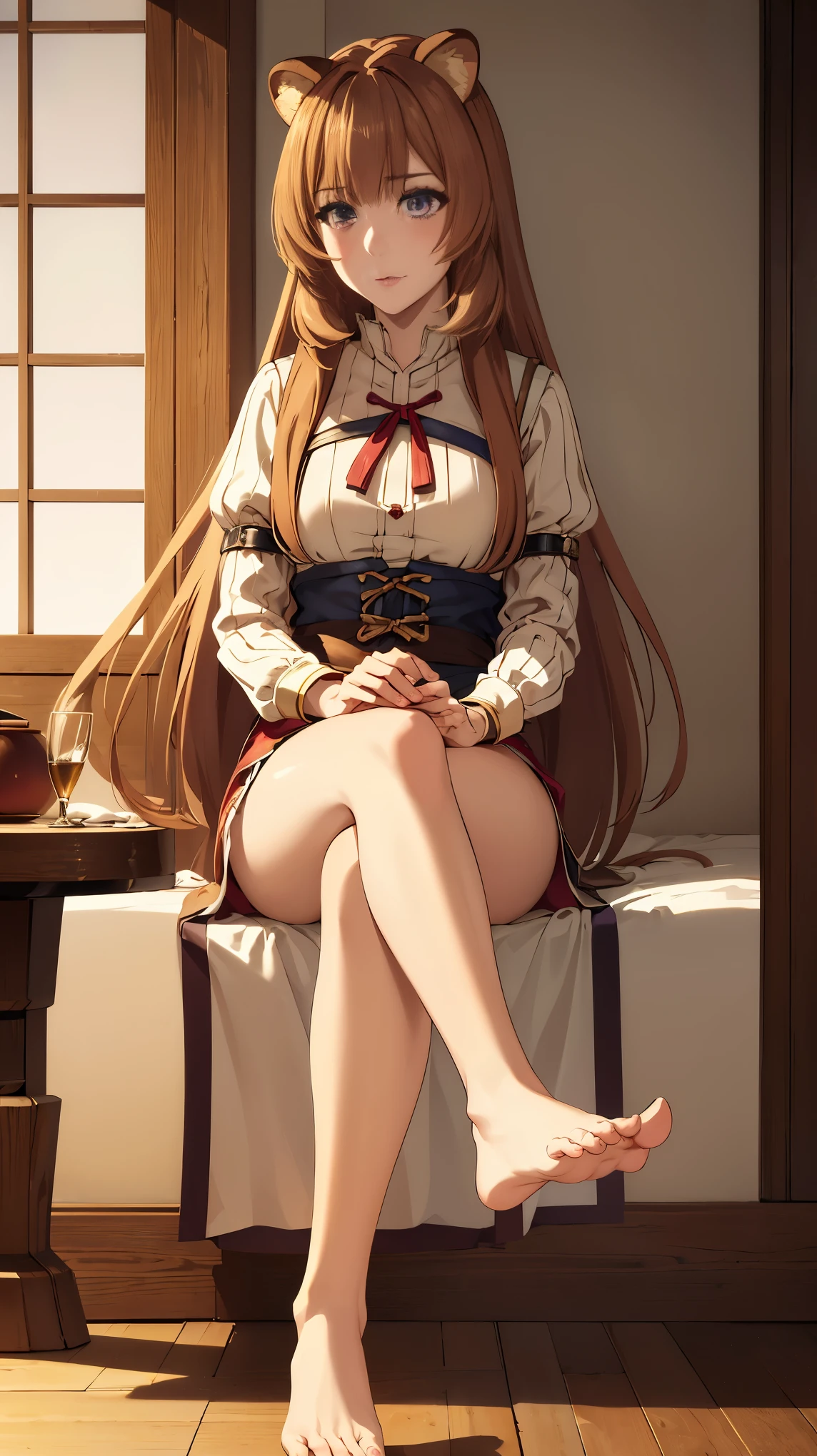 raphtalia, masterpiece, best quality, 1girl, bare sholder, chinese clothes, hair ornament, animal ears, brown hair, brown eyes long hair, raccoon ears, raccoon girl, raccoon tail, (looking down, from bellow, taken from bellow), feet soles, sitting, crossed legs, sexy, chinese bedroom, show feet, sole of foot, BREAK (masterpiece:1.2), best quality, high resolution, unity 8k wallpaper, (illustration:0.8), (beautiful detailed eyes:1.6), extremely detailed face, perfect lighting, extremely detailed CG, (perfect hands, perfect anatomy)