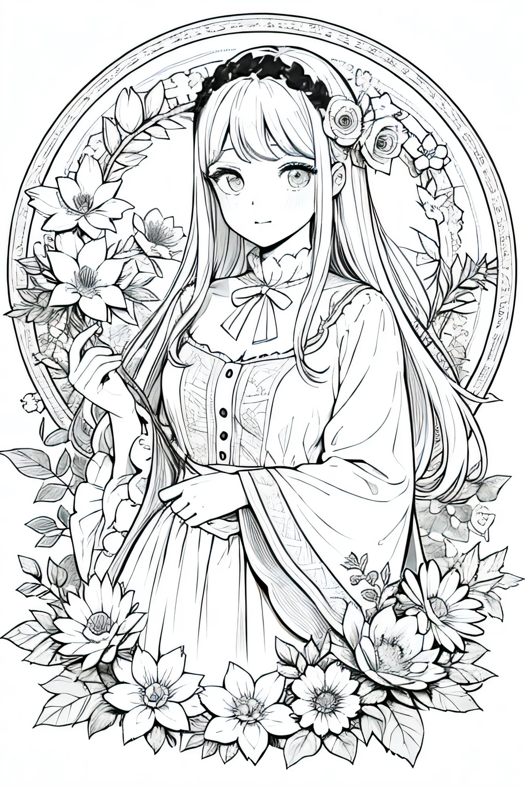 obra maestra, superlativo, Hermosa joven bruja, Femenino , solo, lindo halloween , flower line drawing background, fondo blanco, monochrome, Dibujo lineal, ((bosquejo)), asustadizo, Gato blanco con ojos blancos, ojos blancos