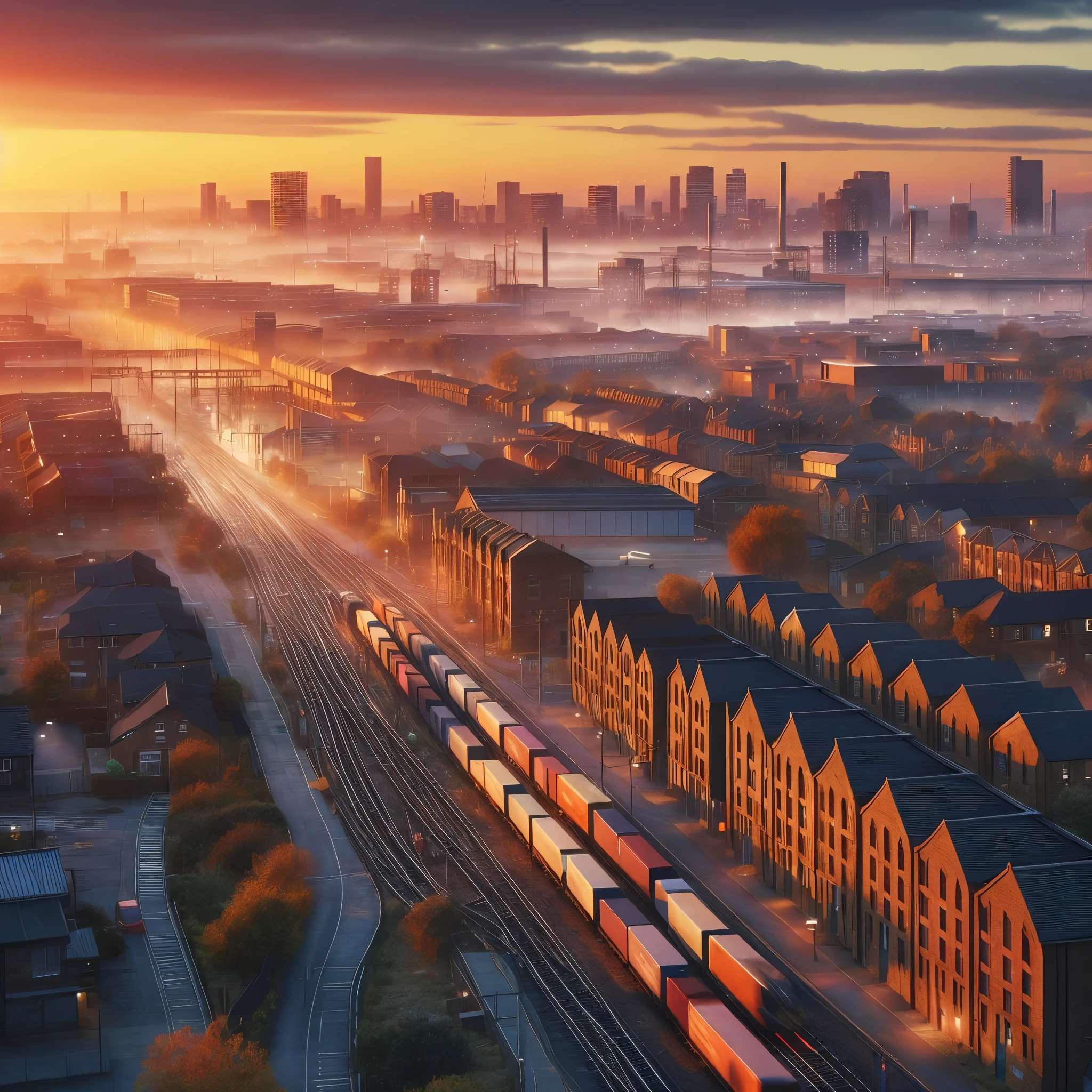 arafed train on tracks in a city with a sunset in the background, matte painting of steam machines, best on adobe stock, by Derek Hill, by Brad Holland, by Brian Thomas, photorealistic matte painting, beautiful photorealistic imagery, 3d rendered matte painting, 3 d render and matte painting, beautiful high resolution, matte painting v ray, industrial setting