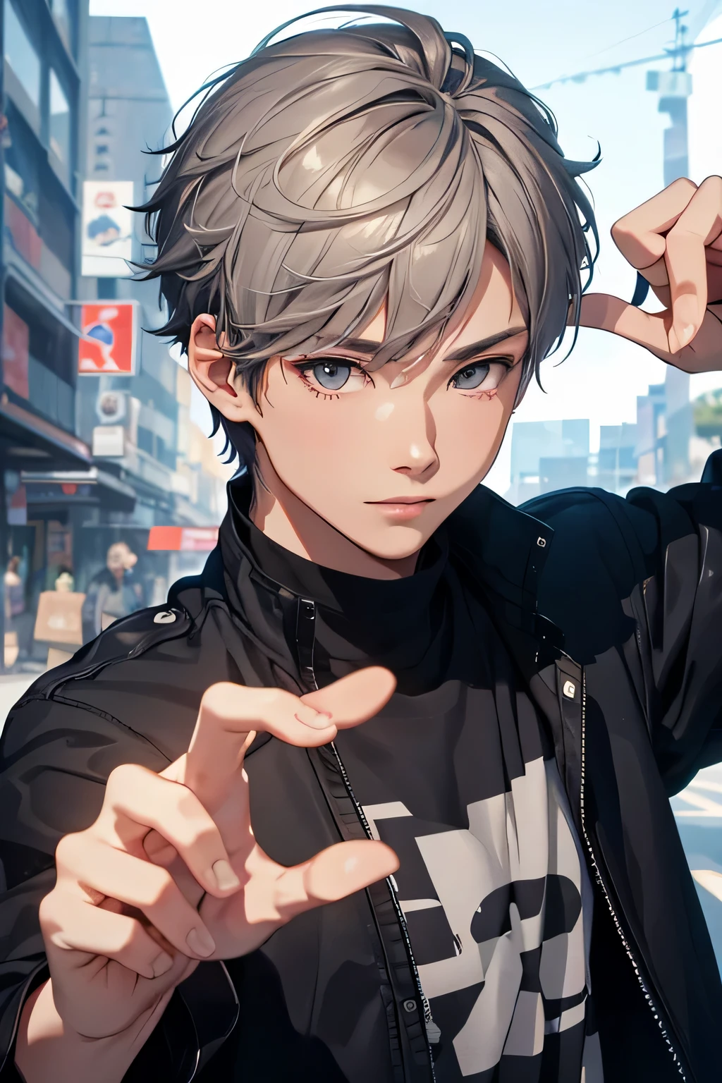 (confused, High resolution, Super detailed, HDR), masterpiece, highest quality, boy, alone, good looking, short hair, gray hair, small eyes and small face, casual clothes, real shadow, Raise your hand to make a peace sign, Joyful, Connecting ears,