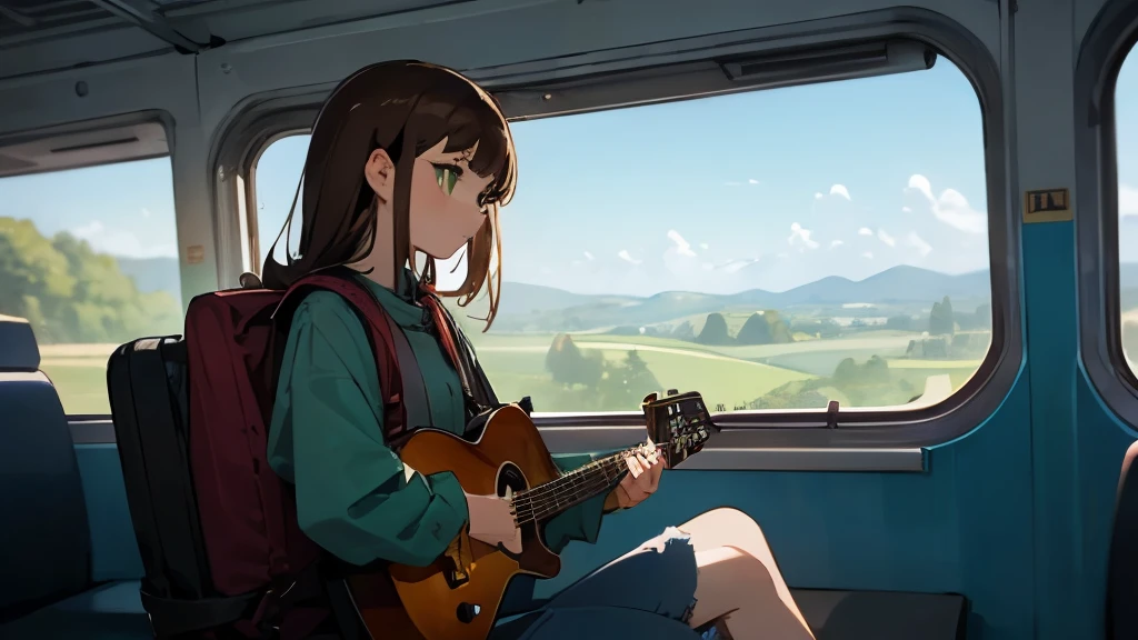 Draw a girl with brown hair and green eyes, wearing a denim jacket and a backpack, sitting on a train seat, with a guitar by her side. She is looking out the window, where she can see a rural landscape, with fields, trees and mountains. She has an expression of curiosity and expectation