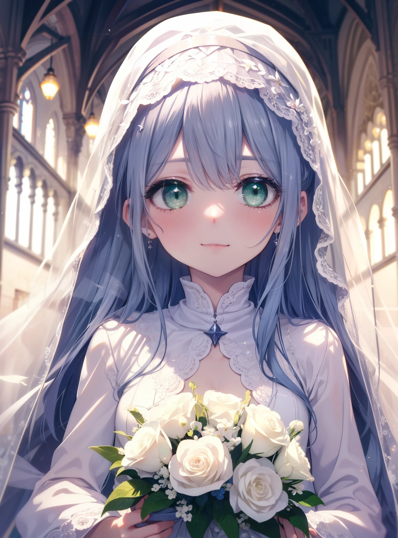 index, index, (green eyes:1.5), silver hair, long hair, (flat chest:1.2),blush,smiling wedding dress,veil,bouquet,throwing a bouquet,bouquetを両手で掴む
break looking at viewer, Upper body, whole body,
break indoors, church,
break (masterpiece:1.2), highest quality, High resolution, unity 8k wallpaper, (shape:0.8), (beautiful and detailed eyes:1.6), highly detailed face, perfect lighting, Very detailed CG, (perfect hands, perfect anatomy),