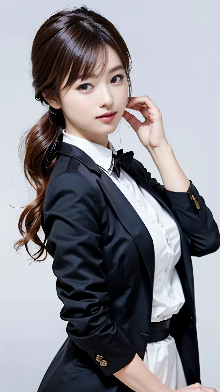 A very popular and beautiful young newscaster,She poses in front of the camera wearing a jacket suit with her long hair tied back.々and read the manuscript aloud.,(((Read the manuscript with your chin pulled back and a blank look on your face.))),Full body photo taken on a waist-high counter,best image quality,professional angle of view,outstanding detail,Super high resolution,realistic:1.4),high detail,focus on details,1girl concentrated in high concentration,beautiful chestnut hair,Beautiful face with a delicate and high nose,Long limbs and slim waist like a model,Beautiful white stiletto heels,