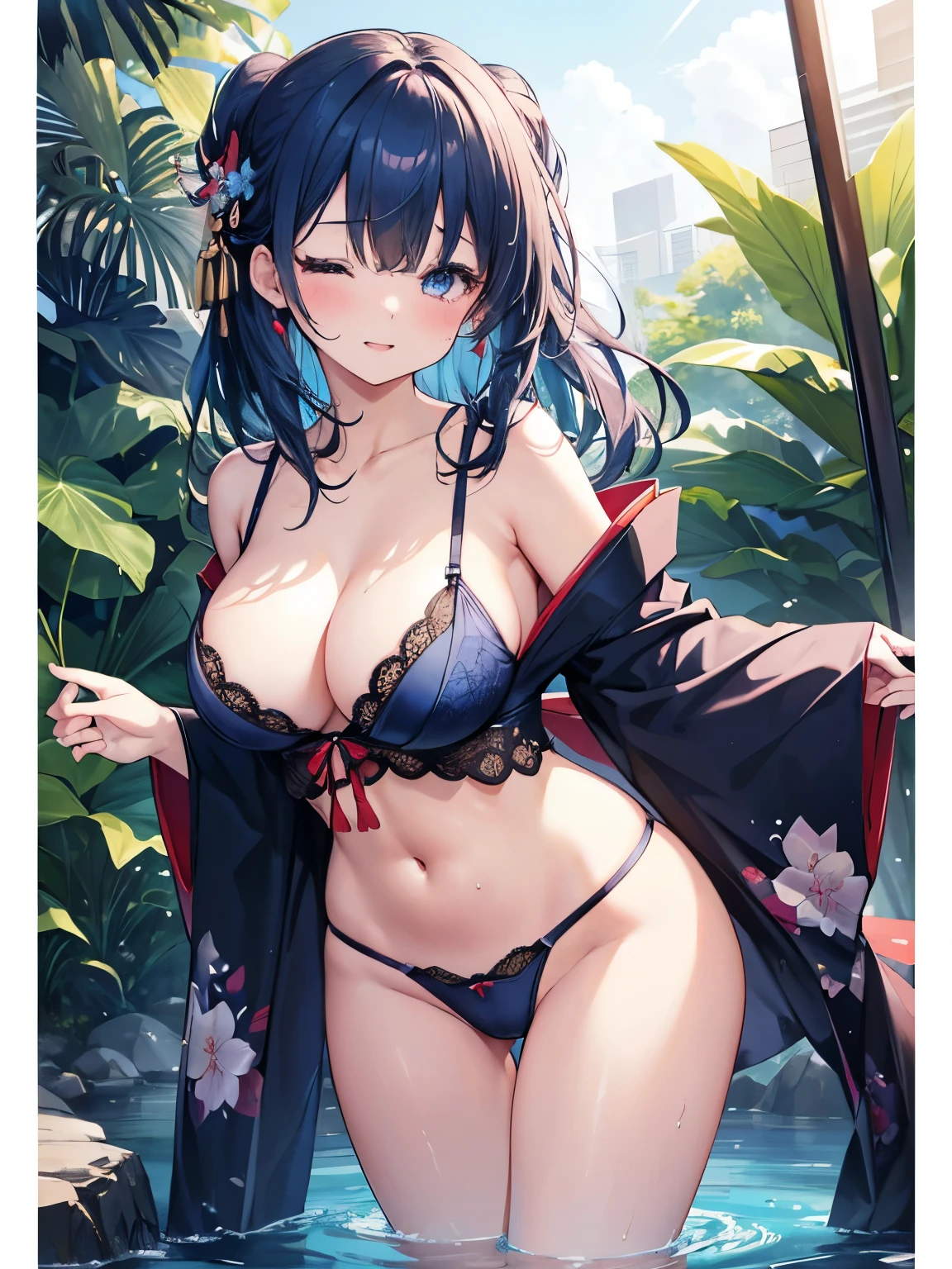 Super detailed, High resolution, beautiful女性、Shining blue crying eyes, perfect proportions,((Close-up))、specialty、Zoom in on chest、grown、dark blue hair、big and full breasts、わずかなsmile、blushing face、close your eyes、Eyes are closed、lower your eyes、gasp、please open your mouth a little、face of joy、climax face、Tears form at the corner of my eyes、give me your breasts、((Take off your clothes and show your breasts))、emphasize the chest、Appeal breastsする、leaning forward posture、nippleに手を伸ばす、(((Breast scraping)))、Grabbing the udder、Water droplets on the shoulders、water droplets on chest、胸がget wet、get wet、nippleが濡れてしまう、((nippleが見えてる))、((最高quality))、8K、professional writing、Super high qualityShining blue crying eyes, Seductive moist red lips, dark blue shiny hair、sweat on chest、胸がget wet、My thighs get wet、perfect proportions, whole body, Natural、grown、blue hair、beautiful胸、beautiful、look up、thin、Hola、fabric that fits your body、Patsupatu、nipple、わずかなsmile、(((offer one's chest)))、stick out one's chest、emphasize the chestする、show off your chest、最高quality、8K、professional writing、Super high quality(Photoreal:1.4), (Top image quality:1.0), (超High resolution:1.0), 8K, Raw photography, (masterpiece:0.2), (face to face with the children_v1:0.5)、(最高quality Detail:1.2)、realistic、8K UHD、High resolution、(1 girl:1.2)、超become familiar with、High quality textures、intricate details、become familiar with、Very become familiar with CG、High quality shadows、Beautiful and delicate face in every detail、Beautiful and delicate eyes in every detail、smile、Depth of written boundary、ray tracing,1 girl,Spotlight、cute,big and full breasts、big breasts,beautiful肌、(((kimono style lingerie)))、Japanese pattern、Bare shoulders、Clavicle exposed、、floral scrunchie, put your fingers on the front of your bra、Pull the bra down、nippleを見せる、exposed breasts、The breasts are wet、water droplets in the valley、nippleが見えてる、((Show off breasts))、with firmness、show off your breasts、Appeal breasts、sleep、lie down、sexy pose、sexy pose、Japanese style room、sky porn、magic hour、(realistic:1.3), 細かくbecome familiar withに, quality, (realistic:1.2), (最高quality), (複雑なbecome familiar with), dramatic, ray tracing, photograph, +roller