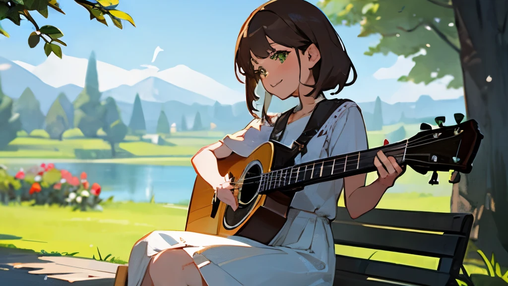 Draw a girl with brown hair and green eyes, wearing a white blouse and a flowered skirt, sitting on a wooden bench in a park, with a guitar on her lap. She is playing and singing, with a smile on her face. Around her, there are people of different ages and styles, who stop to listen and applaud her. There are also flowers, birds and a lake in the background. She has an expression of joy and confidence.