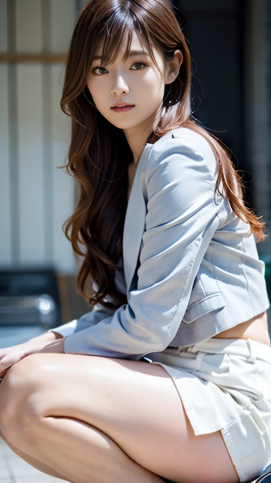 A very popular and beautiful young newscaster,She poses in front of the camera wearing a jacket suit with her long hair tied back.々and read the manuscript aloud.,(((Read the manuscript with your chin pulled back and a blank look on your face.))),Full-body shooting from the side,best image quality,professional angle of view,outstanding detail,Super high resolution,realistic:1.4),high detail,focus on details,1girl concentrated in high concentration,beautiful chestnut hair,Beautiful face with a delicate and high nose,Long limbs and slim waist like a model,Beautiful ankles and white stilettos,