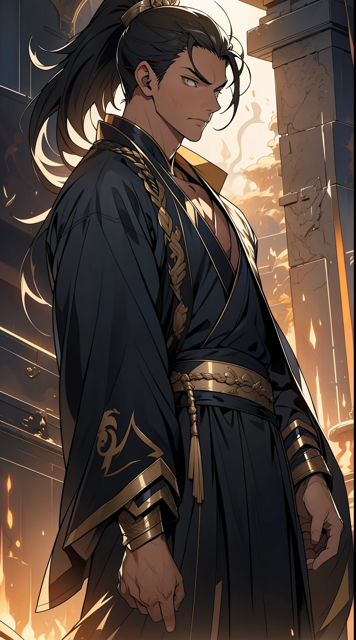 Two dimensions，anime style，one person（male warrior），proportions are correct，facial details，swordsman，high ponytail hairstyle，neck detail，Have an Adam&#39;s apple，Black and gold robe，joke，Black and gold robe，clothing details，Hand over，long sleeves，Game quality，fencing，Ray tracing，Ray tracing，Detailed glow，CG rendering，hair details，Long black and blond hair，Black-gold eyes，Handsome，Handsome，（Youthful feeling），Clothing is complicated，Perfect composition，refine，high quality，higher details，many details，Complex background，a sense of atmosphere，