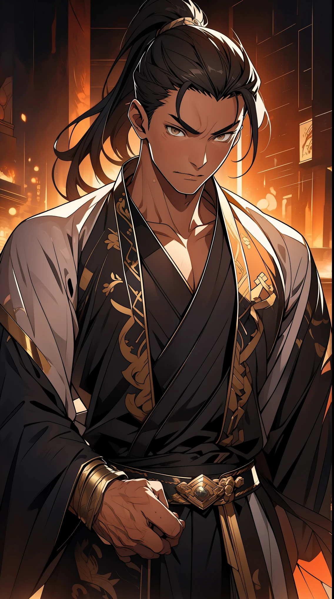 Two dimensions，anime style，one person（male warrior），proportions are correct，facial details，swordsman，high ponytail hairstyle，neck detail，Have an Adam&#39;s apple，Black and gold robe，joke，Black and gold robe，clothing details，Hand over，long sleeves，Game quality，fencing，Ray tracing，Ray tracing，Detailed glow，CG rendering，hair details，Long black and blond hair，Black-gold eyes，Handsome，Handsome，（Youthful feeling），Clothing is complicated，Perfect composition，refine，high quality，higher details，many details，Complex background，a sense of atmosphere，