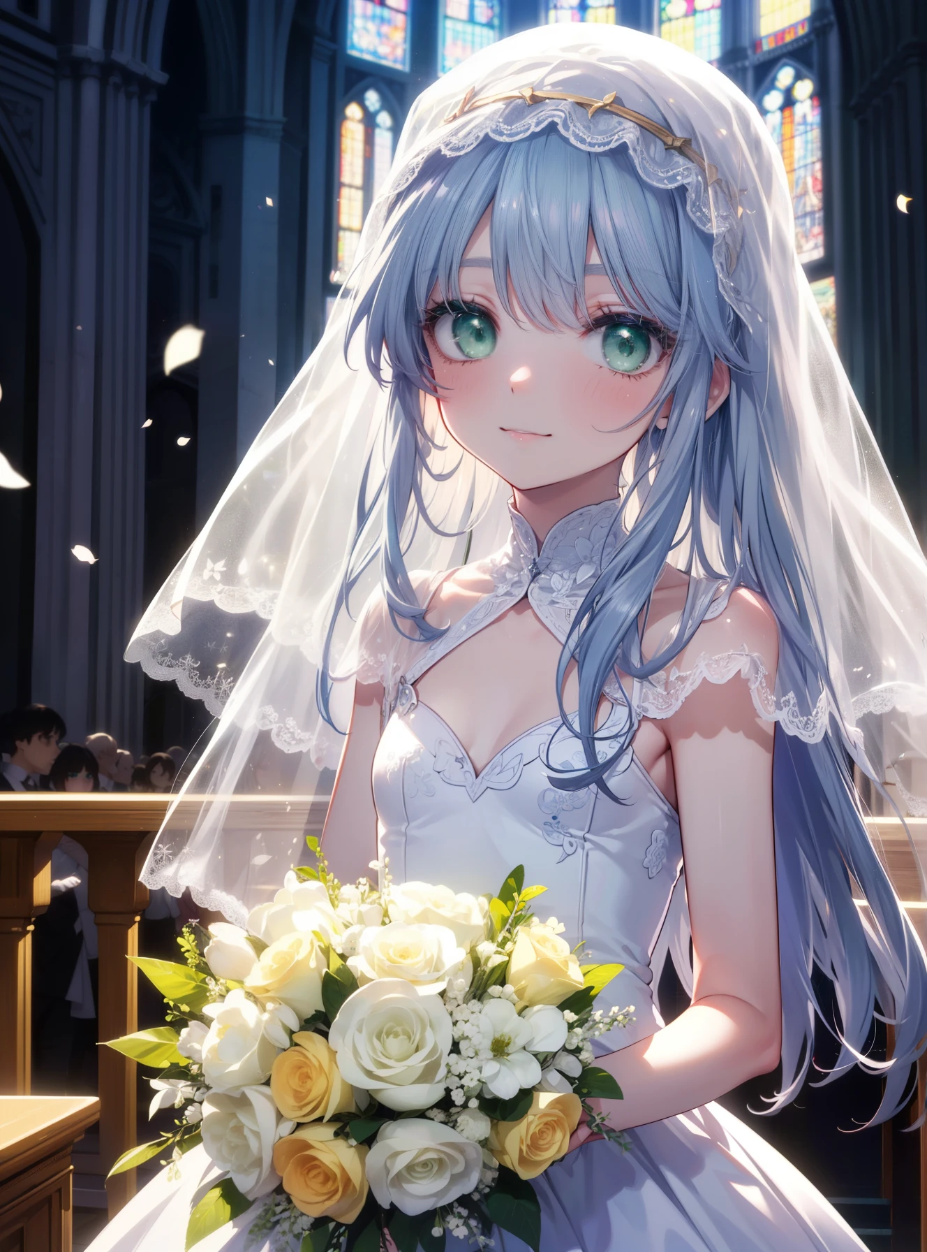 index, index, (green eyes:1.5), silver hair, long hair, (flat chest:1.2),blush,smiling wedding dress,veil,bouquet,throwing a bouquet,bouquetを両手で掴む
break looking at viewer, Upper body, whole body,
break indoors, church,
break (masterpiece:1.2), highest quality, High resolution, unity 8k wallpaper, (shape:0.8), (beautiful and detailed eyes:1.6), highly detailed face, perfect lighting, Very detailed CG, (perfect hands, perfect anatomy),