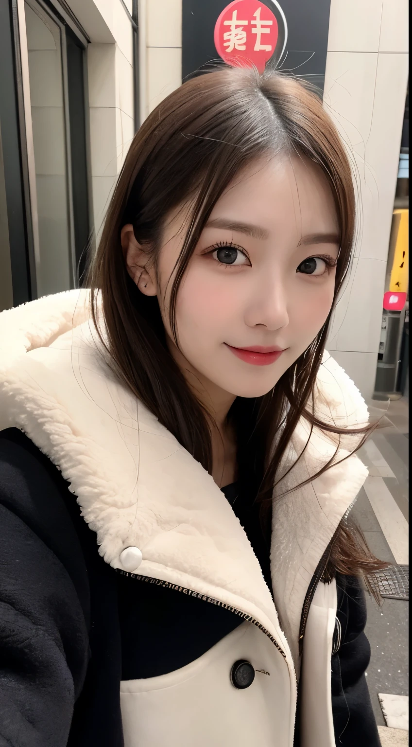 table top, highest quality, shape, Super detailed, finely, High resolution, 8k wallpaper, 完璧なダイナミックな構shape, beautiful and detailed eyes, Gorgeous and stylish black fluffy latest trend Tokyo winter clothes,ランダムなcute髪,small breasts,natural color lip, bold sexy pose,smile、20 year old girl、cute、sexy shot looking at camera,Always blur the background,perfect and beautiful face,Take only the face,beautiful and detailed face、slim face and style,Big eyes、Do gal makeup,real photos、luxury brand mink coat