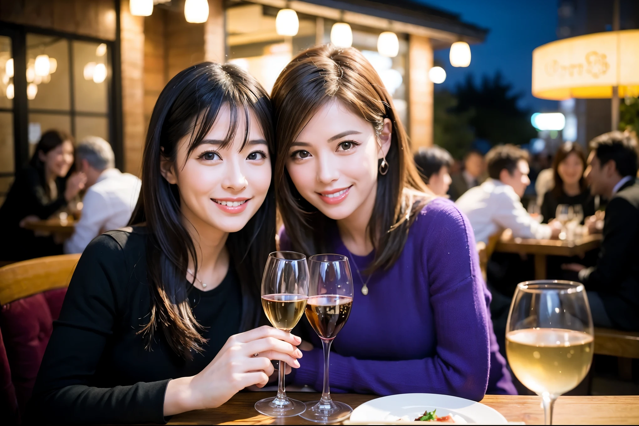 64k, UHD, highest quality, masterpiece: 1.2), (realistic, photorealistic: 1.37),やわらかなsmile、gentle expression、 Super detailed, celebration party、beauty、charm、beautiful mature woman、3 women who love wine、three men、Tokyo、Yokohama、champagne、sparkling wine、winter night、restaurantでワイン宴会、(slimな男女4名),(Wine party for 5 people)、(slimフェイス),Happy、 最高なsmile、Fox Face、Berry Short、(because I'thin), (brown hair), (shortcut), long sleeve shirt、winter fashion、Columbia、Brazilian、Japanese、Dutch、German、Portuguese、Belgian、Italian、french, (gushing), (slimボティ), (brown hair), (shortcut), 端正なbeauty、cheeks blush a little, (41 years old), 38 years old, 35 years old、32 years old、 A beautiful and detailed night view spreads out outside the window........., restaurant, wine glassが座っている, At night, in a prominent place (from the Upper body) nova frog style, actress, model, Upper body, White wine, slim, wine glass, Very beautiful night view, wine glass Put in the Middle, Happy smile, (smile: 1.15),