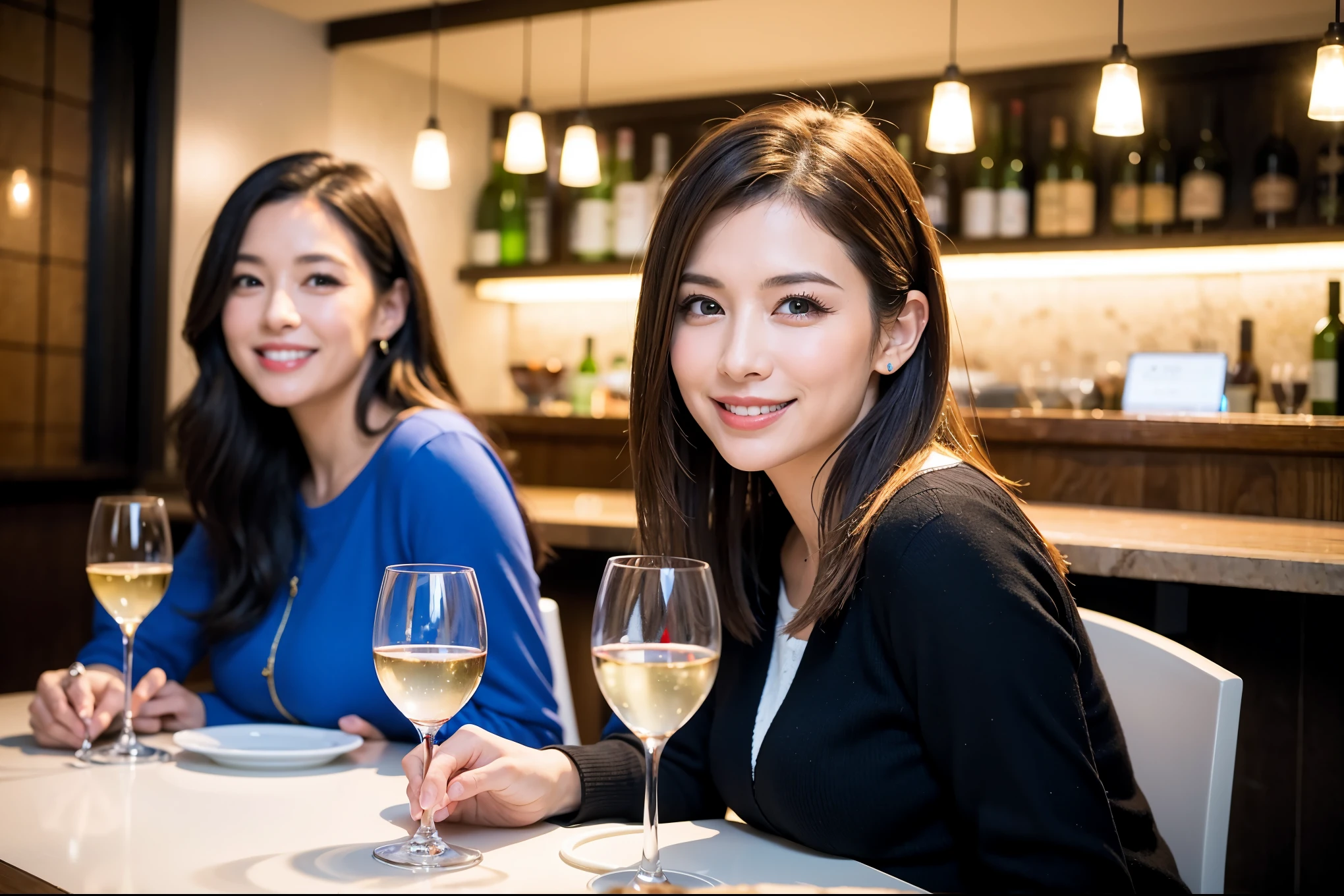 64k, UHD, highest quality, masterpiece: 1.2), (realistic, photorealistic: 1.37),やわらかなsmile、gentle expression、 Super detailed, celebration party、beauty、charm、beautiful mature woman、3 women who love wine、three men、Tokyo、Yokohama、champagne、sparkling wine、winter night、restaurantでワイン宴会、(slimな男女4名),(Wine party for 5 people)、(slimフェイス),Happy、 最高なsmile、Fox Face、Berry Short、(because I'thin), (brown hair), (shortcut), long sleeve shirt、winter fashion、Columbia、Brazilian、Japanese、Dutch、German、Portuguese、Belgian、Italian、french, (gushing), (slimボティ), (brown hair), (shortcut), 端正なbeauty、cheeks blush a little, (41 years old), 38 years old, 35 years old、32 years old、 A beautiful and detailed night view spreads out outside the window........., restaurant, wine glassが座っている, At night, in a prominent place (from the Upper body) nova frog style, actress, model, Upper body, White wine, slim, wine glass, Very beautiful night view, wine glass Put in the Middle, Happy smile, (smile: 1.15),