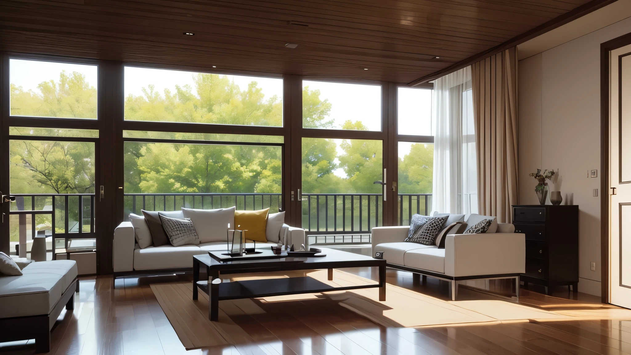 You are a famous interior designer、You have been asked to create a 3D image of a modern large room. Create a harmonious environment with modern and minimalist furniture. Including garden interior.