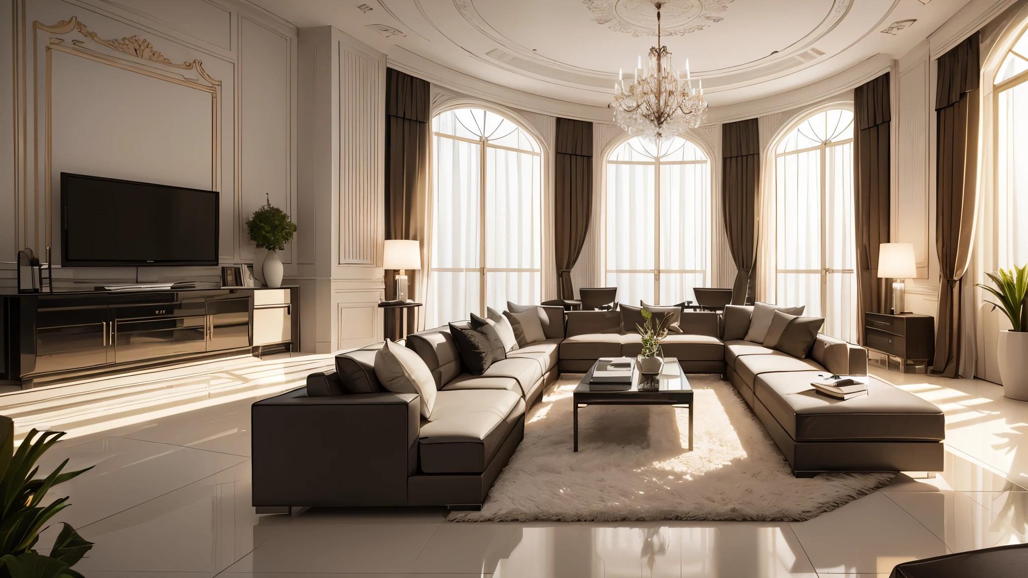 You are a famous interior designer、You have been asked to create a 3D image of a modern large room. Create a harmonious environment with modern and minimalist furniture. Including garden interior.