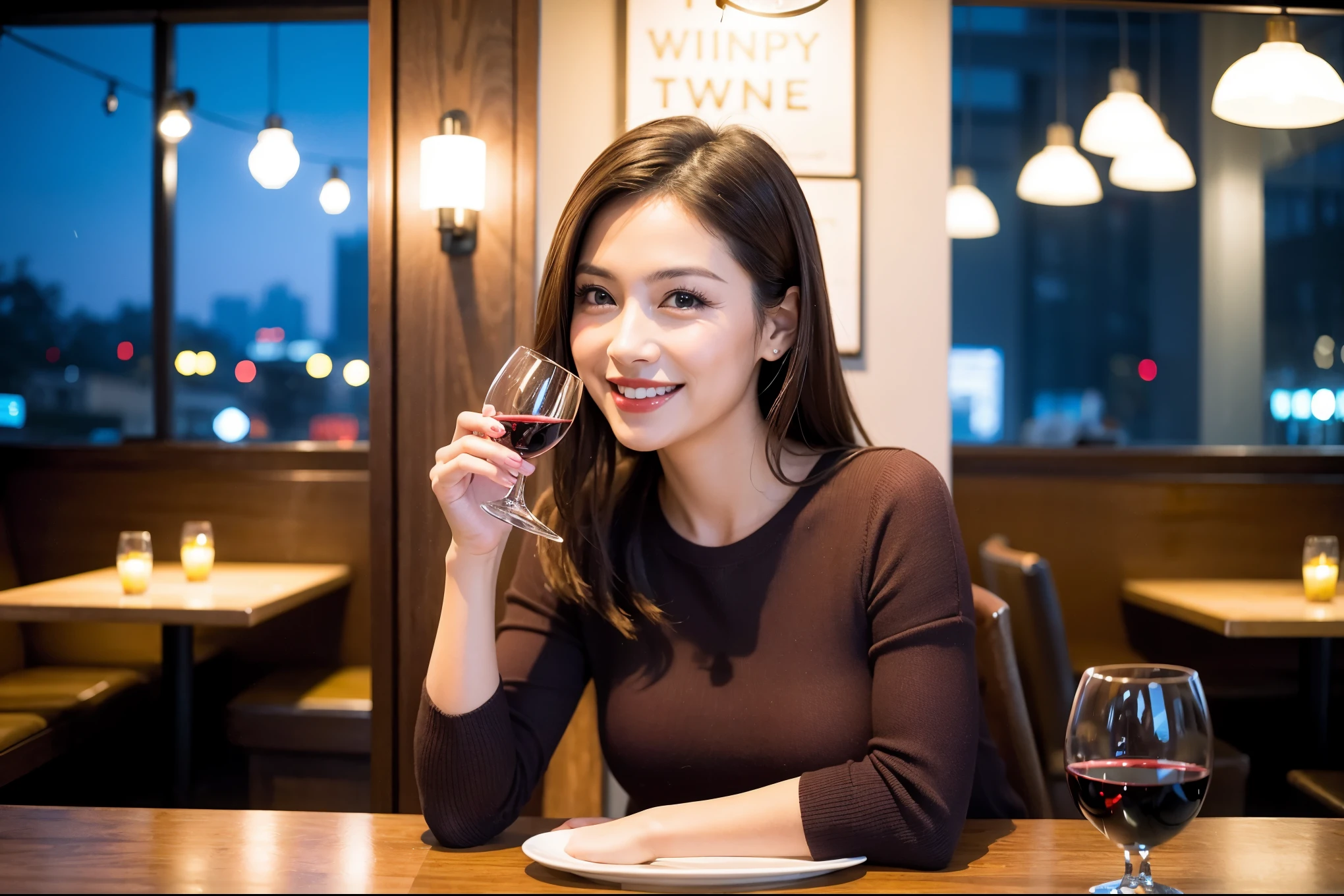64k, UHD, highest quality, masterpiece: 1.2), (realistic, photorealistic: 1.37),やわらかなsmile、gentle expression、 Super detailed, celebration party、beauty、charm、beautiful mature woman、3 women who love wine、three men、Tokyo、Yokohama、champagne、sparkling wine、winter night、restaurantでワイン宴会、(slimな男女4名),(Wine party for 5 people)、(slimフェイス),Happy、 最高なsmile、Fox Face、Berry Short、(because I&#39;thin), (brown hair), (shortcut), long sleeve shirt、winter fashion、Columbia、Brazilian、Japanese、Dutch、German、Portuguese、Belgian、Italian、french, (gushing), (slimボティ), (brown hair), (shortcut), 端正なbeauty、cheeks blush a little, (41 years old), 38 years old, 35 years old、32 years old、 A beautiful and detailed night view spreads out outside the window........., restaurant, wine glassが座っている, At night, in a prominent place (from the Upper body) nova frog style, actress, model, Upper body, White wine, slim, wine glass, Very beautiful night view, wine glass Put in the Middle, Happy smile, (smile: 1.15), 