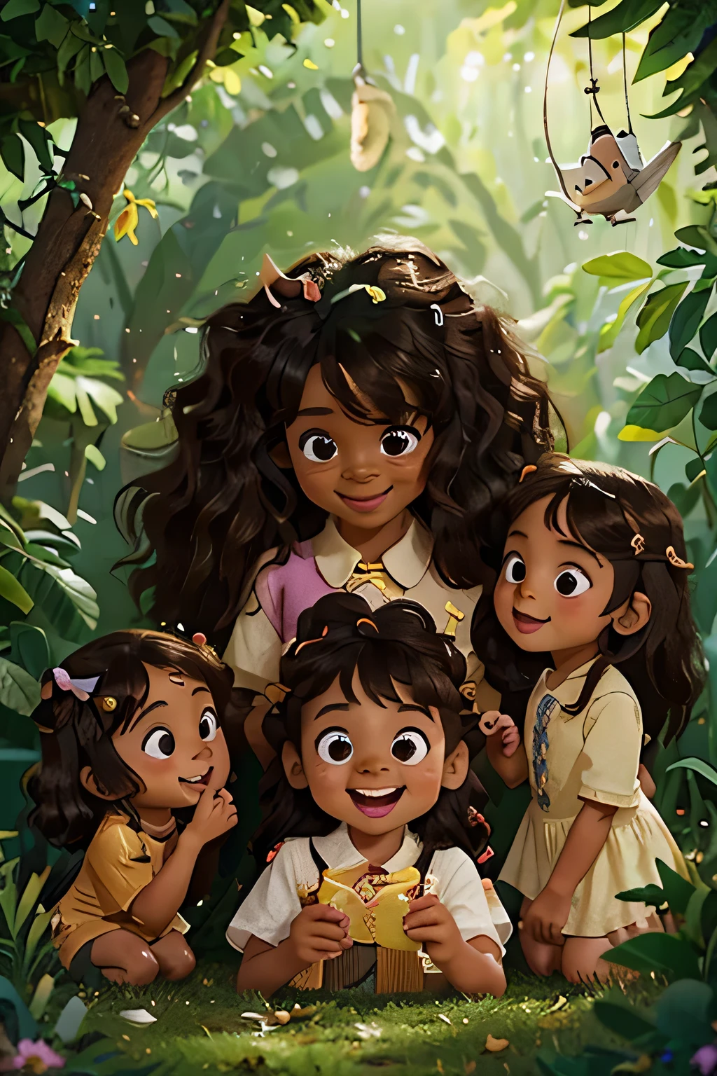 mixed-race black princess, 9 anos de idade, olhos amendoados e castanhos, Boca cheia, sorriso largo, Cabelo encaracolado, personalidade criativa e feliz, acompanhada de seus dois amigos, a smart monkey and a singing bird, lives in a magical kingdom