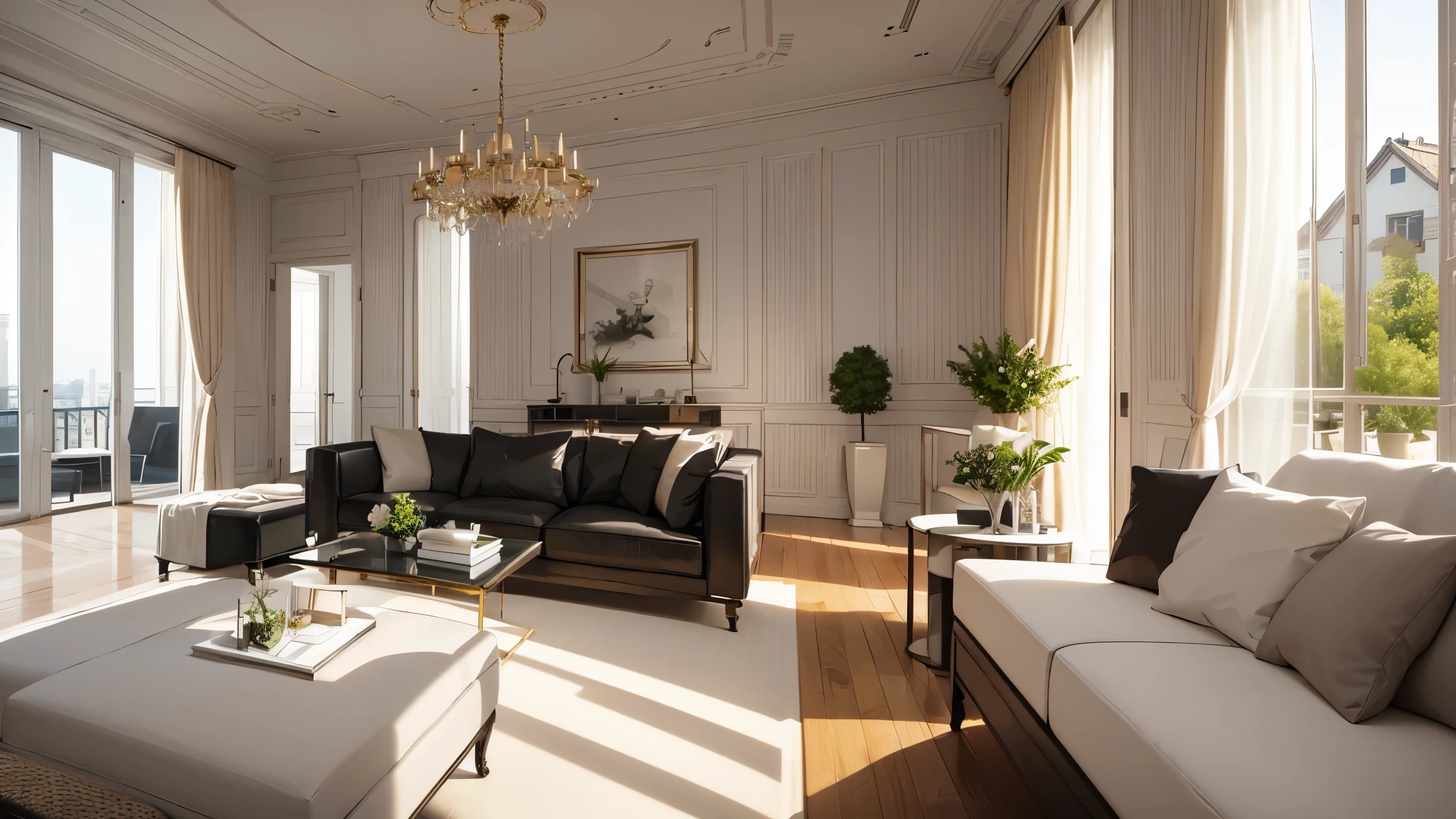 You are a famous interior designer、You have been asked to create a 3D image of a modern large room. Create a harmonious environment with modern and minimalist furniture. Including garden interior.
