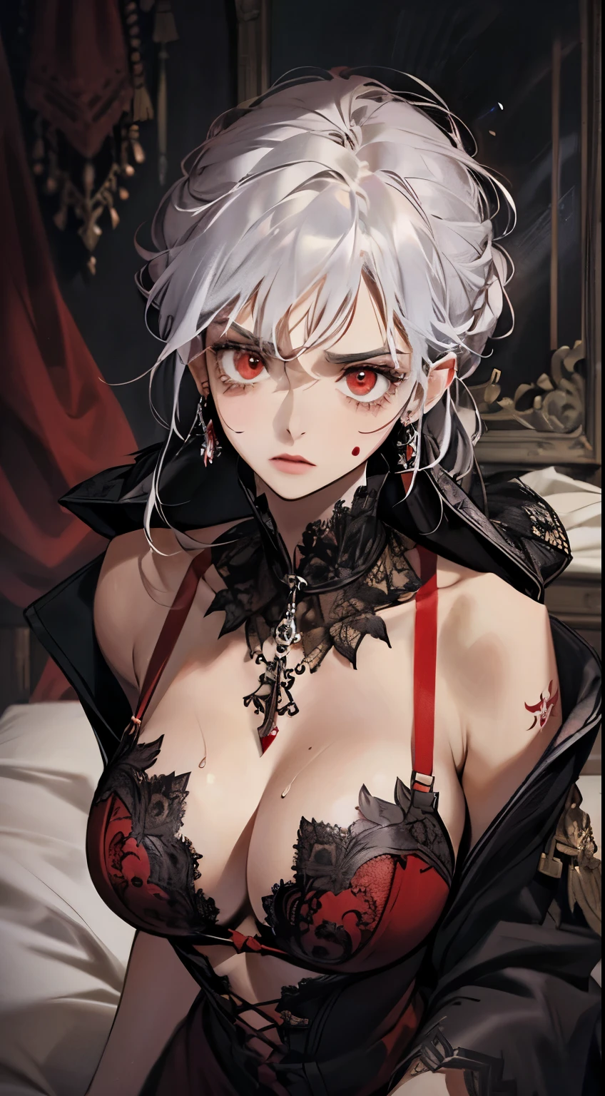 (best quality,high resolution:1.2), Super detailed, actual:1.37, A mature and beautiful lady wearing a black palace robe，sweat，red face, lace lingerie, show an indifferent expression, close up of her breasts, white hair, red eyes, and exposed her underwear, The focus is on her plump breasts，Accentuate Chest，chest focus, Mature and sexy，breast tattoo.